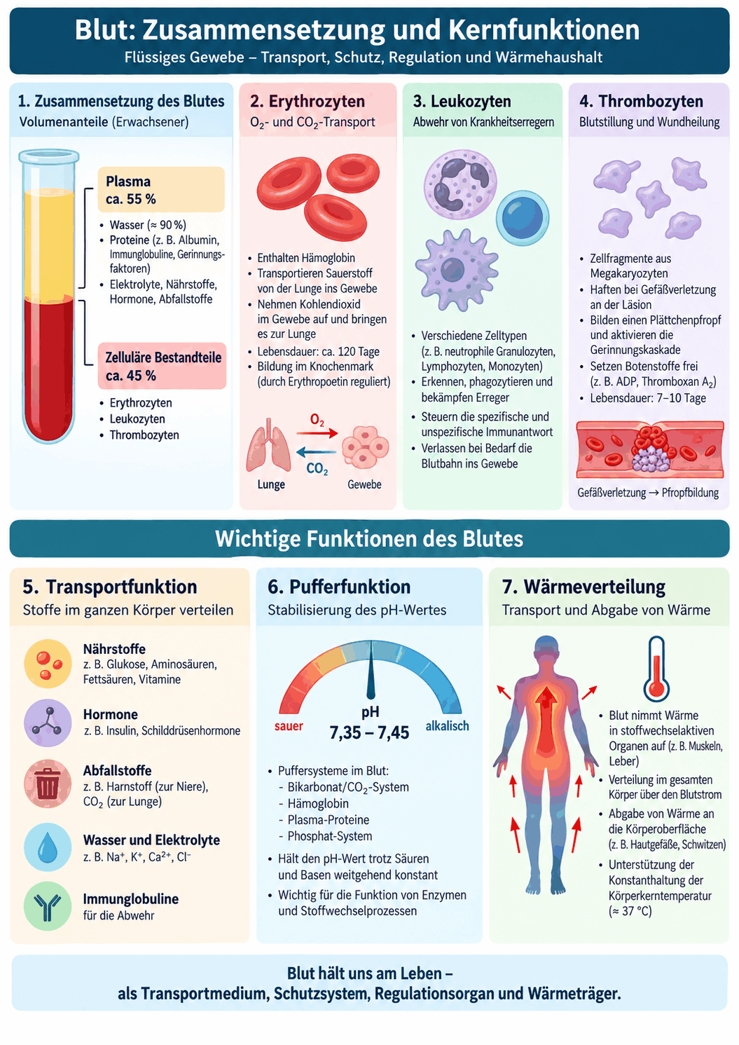 Übersicht der Blutbestandteile mit zentrifugiertem Blutröhrchen, Aufteilung in Erythrozytensäule, Leukozyten- und Thrombozytenschicht sowie Plasma, daneben die Aufgliederung der Plasmaproteine in Albumin und Globulinfraktionen