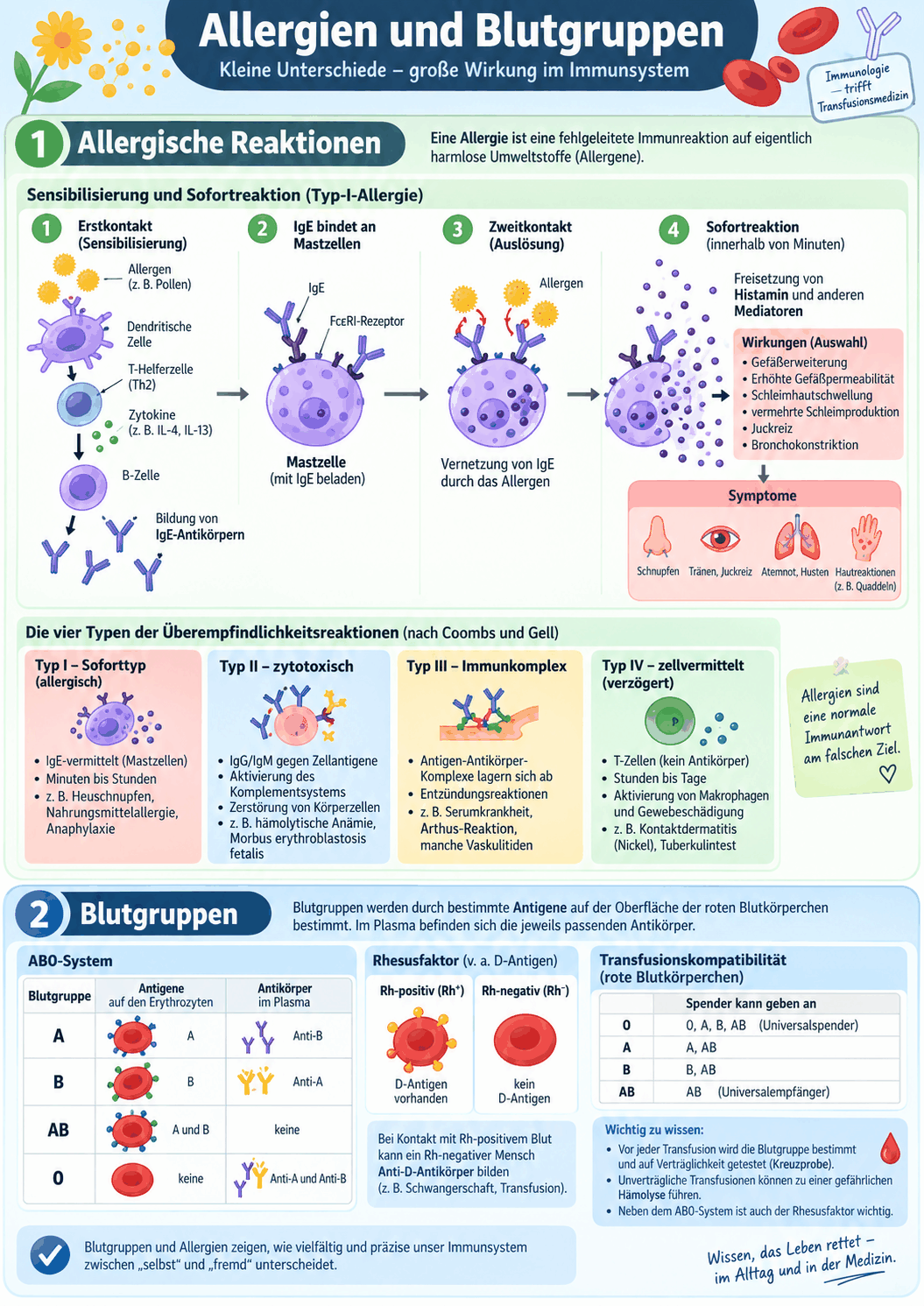 Zweiteiliges Schema: links die Sofortreaktion mit sensibilisierter Mastzelle, Vernetzung des gebundenen Immunglobulins E und Mediatorfreisetzung, rechts das AB0-System mit Merkmalen am Erythrozyten, natürlichen Antikörpern im Plasma und Agglutination bei Fehltransfusion