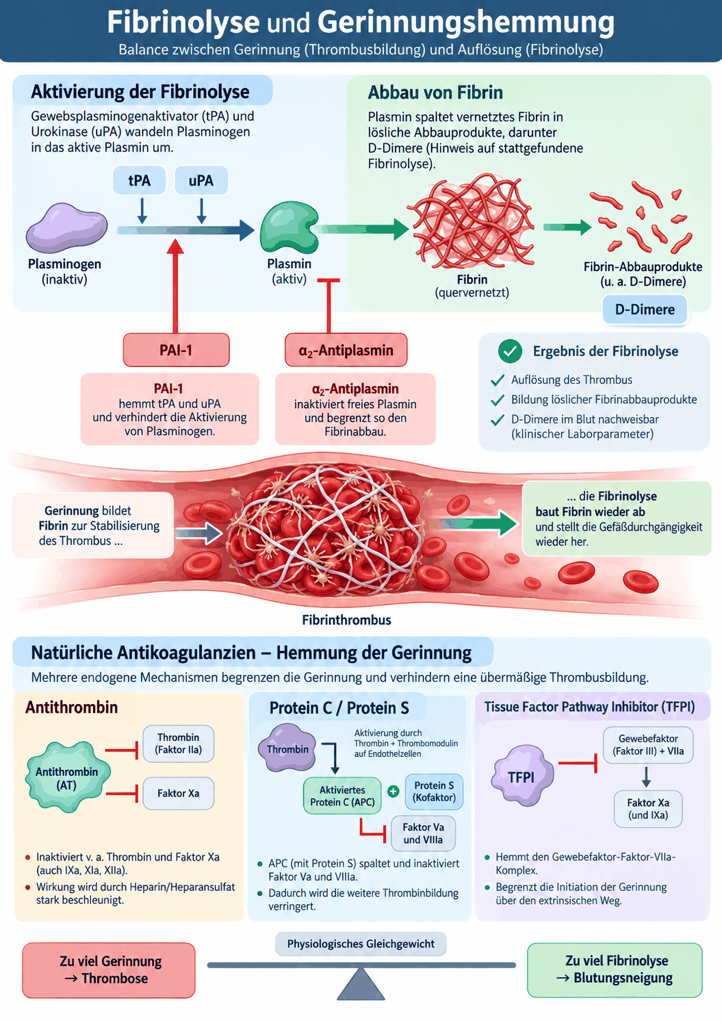 Schema der Fibrinolyse mit Plasminogen am Fibrinnetz, Aktivierung durch Gewebeplasminogenaktivator und Urokinase, Hemmung durch Plasminogen-Aktivator-Inhibitor und Alpha-2-Antiplasmin sowie Entstehung der D-Dimere