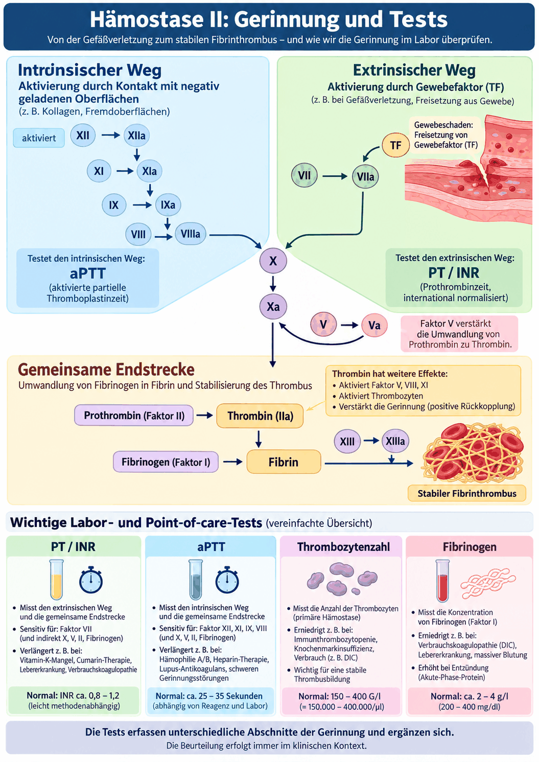 Schema der plasmatischen Gerinnung mit Start über den Gewebefaktor, Bildung von Faktor Xa, Prothrombinasekomplex, Verstärkerschleife des Thrombins und Quervernetzung des Fibrins durch Faktor XIIIa
