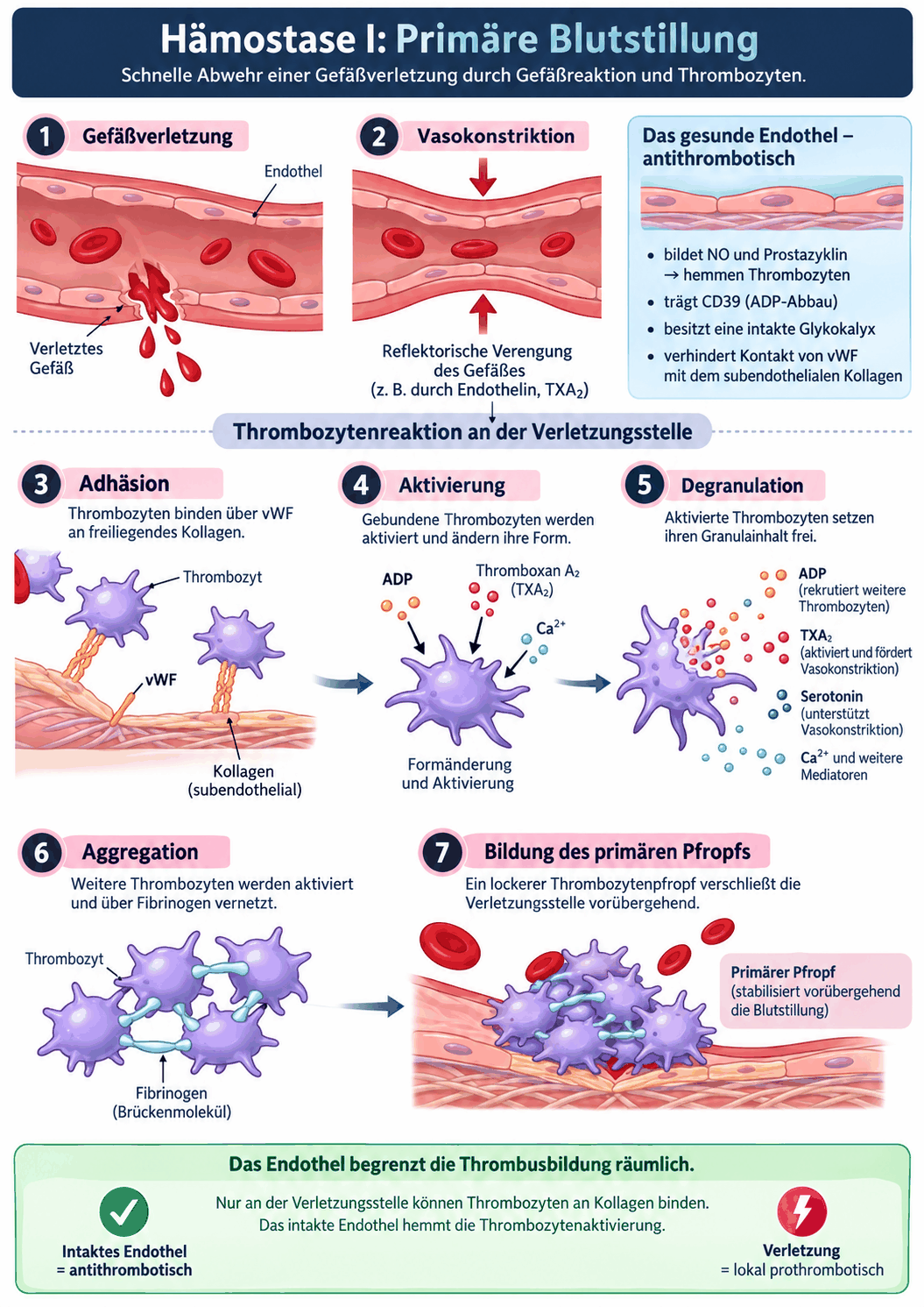 Schema der primären Hämostase mit Gefäßverletzung, freiliegendem Kollagen, Adhäsion über den von-Willebrand-Faktor und Glykoprotein Ib/IX, Formwandel des Thrombozyten, Sekretion der Granula und Aggregation über Glykoprotein IIb/IIIa und Fibrinogen