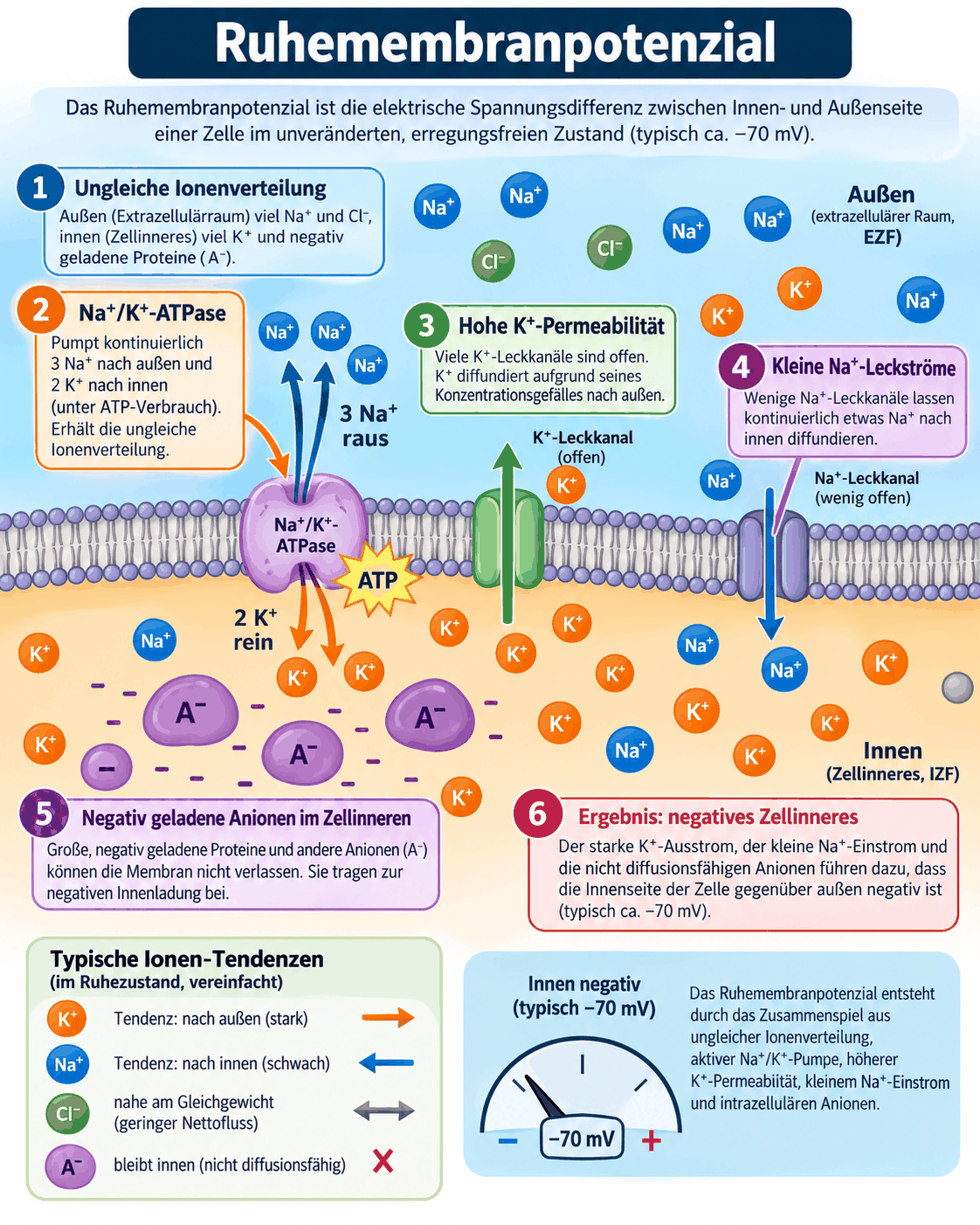 Schema des Ruhemembranpotenzials mit Natrium-Kalium-ATPase, Kaliumausstrom und resultierender Ladungstrennung an der Zellmembran