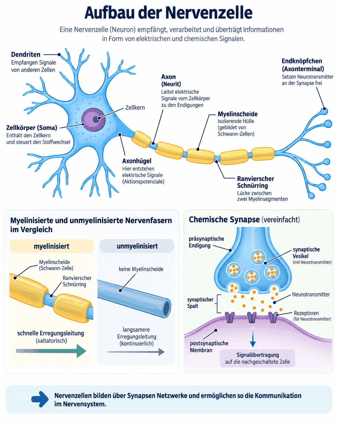 Aufbau einer Nervenzelle mit Soma, Dendriten, Axonhügel, myelinisiertem Axon und Endknöpfchen