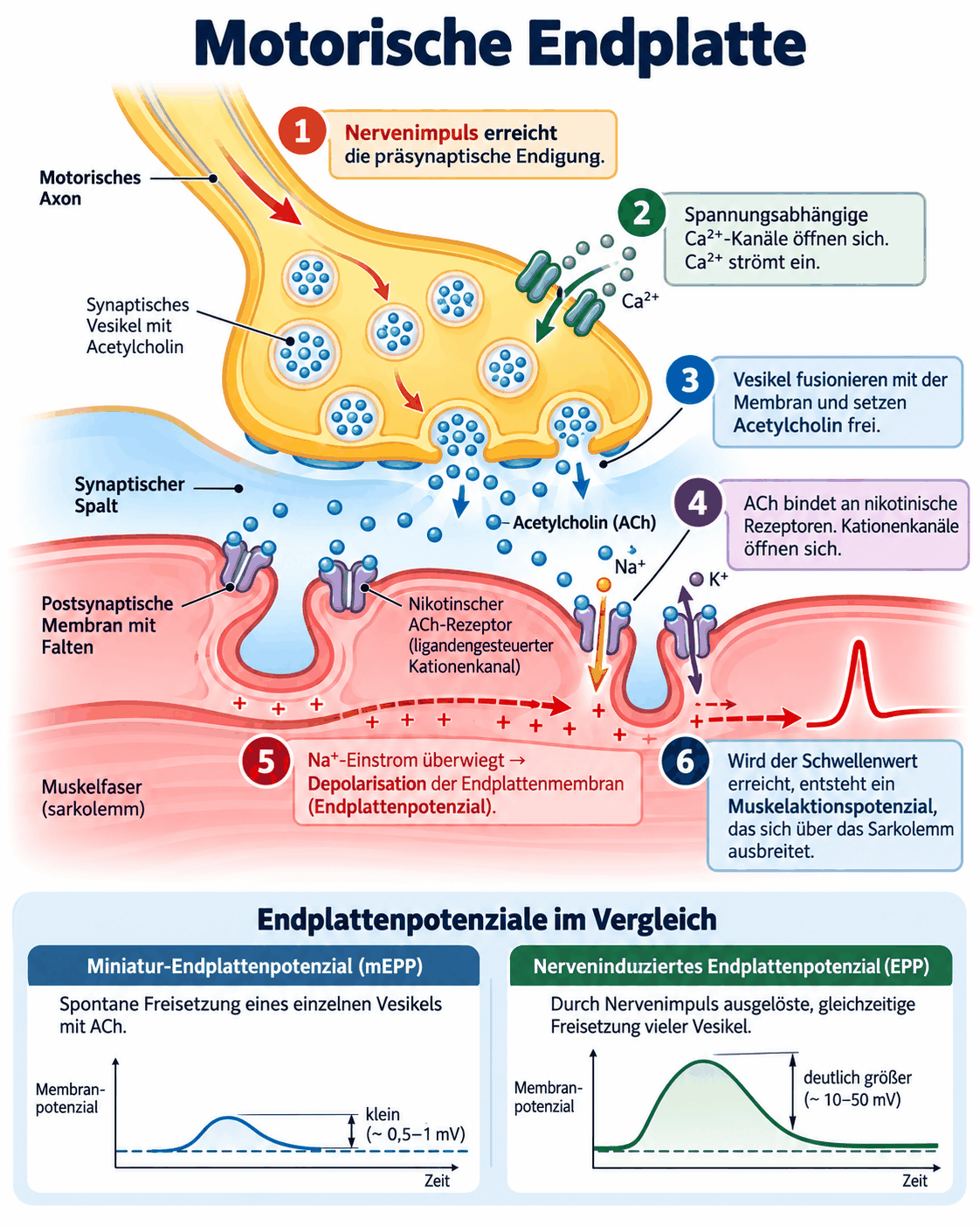 Schema der motorischen Endplatte mit Nervenendigung, Vesikeln, synaptischem Spalt, gefalteter subsynaptischer Membran, Rezeptoren und Acetylcholinesterase