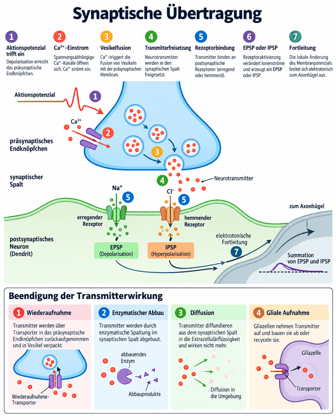Ablauf der synaptischen Übertragung von der Ankunft des Aktionspotenzials über Calciumeinstrom, Vesikelfusion und Rezeptorbindung bis zu EPSP und IPSP