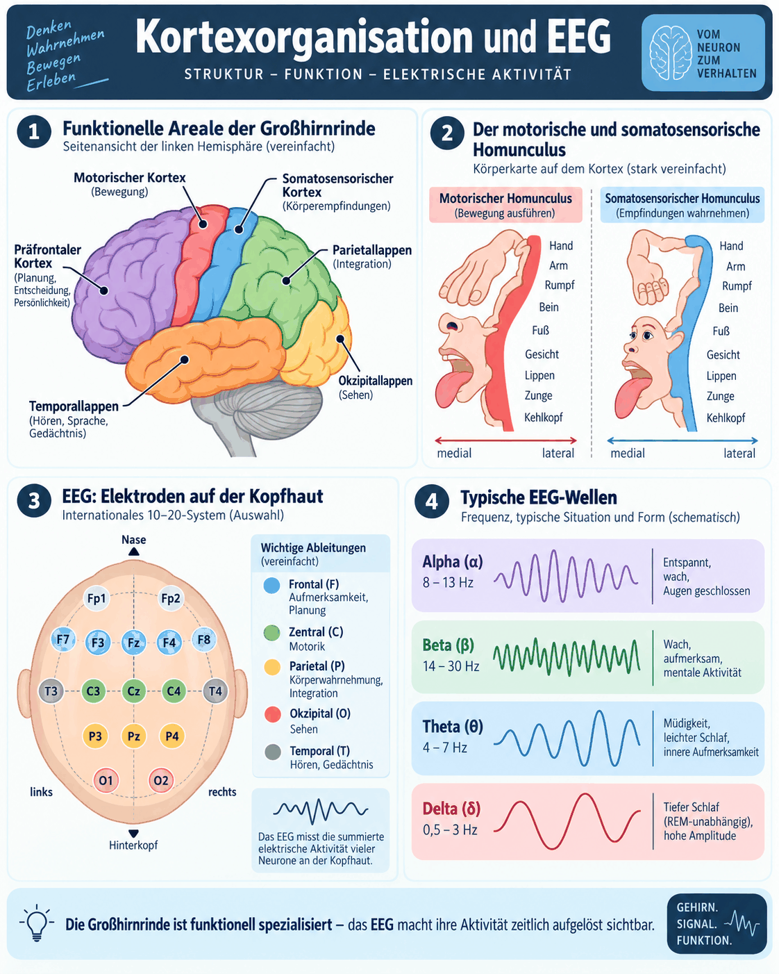 Funktionelle Areale der Großhirnrinde, der motorische und somatosensorische Homunkulus, die Elektrodenpositionen des Zehn-zwanzig-Systems und die typischen EEG-Wellen von Alpha über Beta und Theta bis Delta