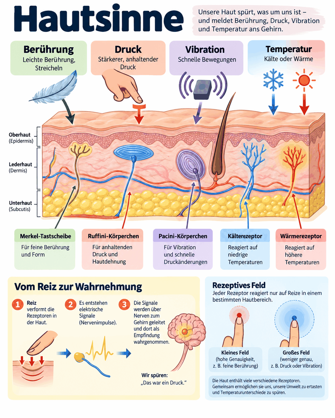 Die Hautsinne für Berührung, Druck, Vibration und Temperatur mit ihren Rezeptoren in Epidermis, Dermis und Subkutis sowie der Darstellung des rezeptiven Feldes und der unterschiedlichen Felddichte