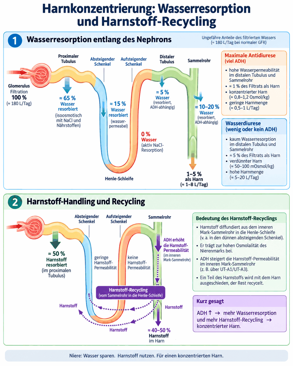 Wasserresorption entlang des Nephrons bei maximaler Antidiurese und bei fehlender Antidiurese mit den jeweiligen Volumina sowie das Harnstoff-Recycling zwischen Sammelrohr und Schleife