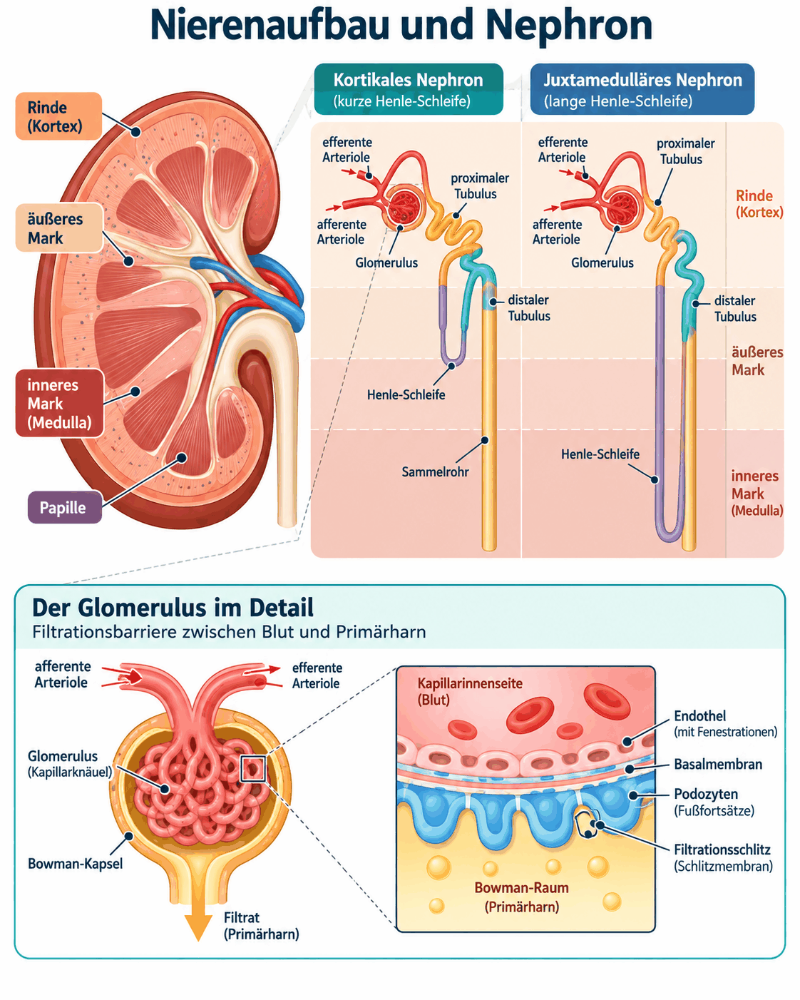Aufbau der Niere mit Rinde, Mark und Papille, Gegenüberstellung eines kortikalen Nephrons mit kurzer Schleife und eines juxtamedullären Nephrons mit langer Schleife und Vasa recta, dazu der Glomerulus mit der dreischichtigen Filtrationsbarriere aus fenestriertem Endothel, Basalmembran und Podozyten
