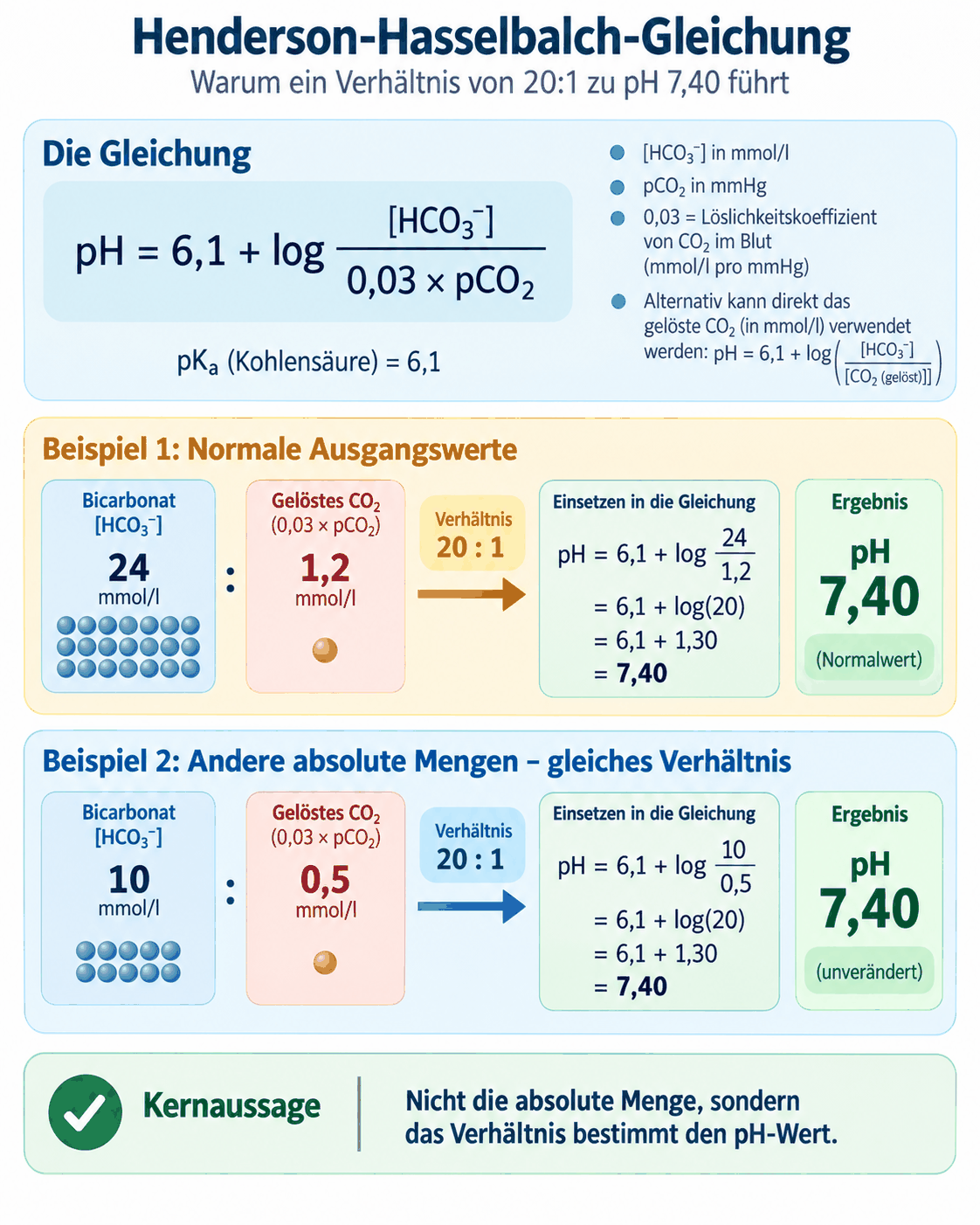 Die Henderson-Hasselbalch-Gleichung mit dem pK-Wert von 6,1, der Bicarbonatkonzentration im Zähler und dem aus Partialdruck und Löslichkeitskoeffizient berechneten gelösten Kohlendioxid im Nenner, dazu zwei Rechenbeispiele, die zeigen, dass das Verhältnis von 20 zu 1 den pH-Wert von 7,4 ergibt