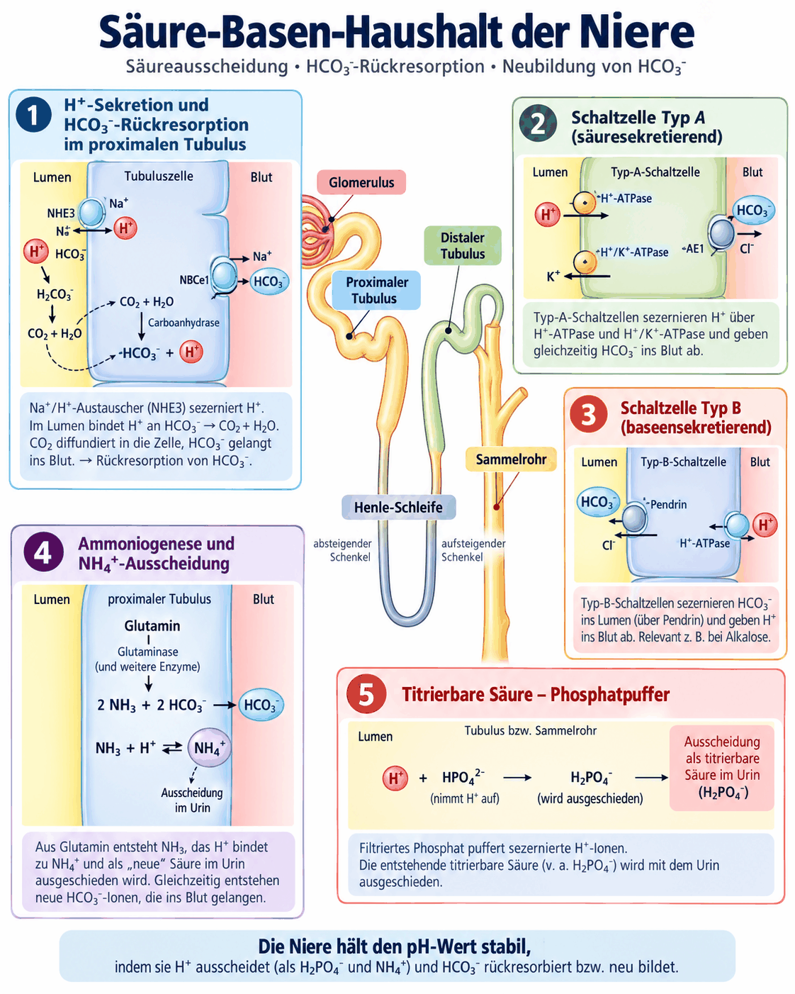 Renale Säureausscheidung mit Protonensekretion und Bikarbonatrückresorption im proximalen Tubulus, den Schaltzellen vom Typ A und Typ B im Sammelrohr, der Ammoniagenese aus Glutamin und der Bindung von Protonen an Phosphat als titrierbare Säure