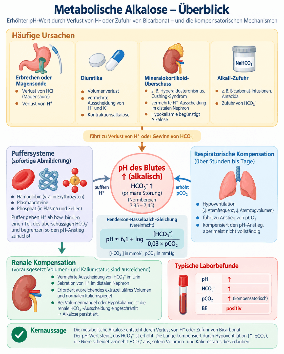 Überblick zur metabolischen Alkalose mit den Ursachengruppen aus Säureverlust, Diuretika und Mineralokortikoidüberschuss, der primären Anhebung des Bikarbonats, der Pufferung, der respiratorischen Kompensation durch Hypoventilation und den typischen Laborbefunden
