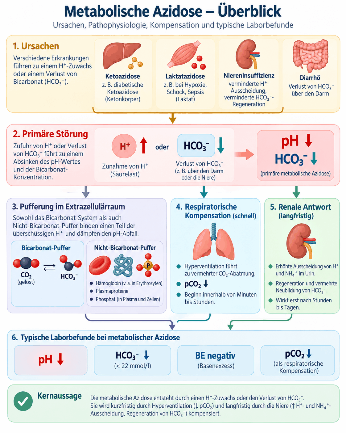 Überblick zur metabolischen Azidose mit den Ursachengruppen, der primären Senkung des Bikarbonats, der Pufferung im Blut und in der Zelle, der respiratorischen Kompensation durch Hyperventilation und den typischen Laborbefunden