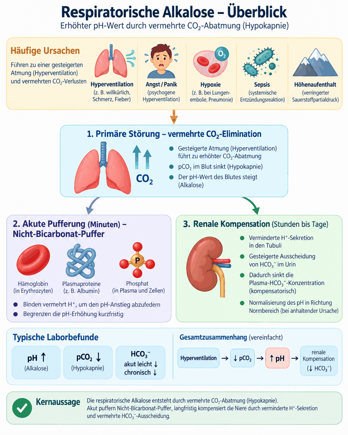 Überblick zur respiratorischen Alkalose mit Ursachen der gesteigerten alveolären Ventilation, der primären Senkung des pCO2, der Pufferung, der renalen Kompensation durch verminderte Bikarbonatrückgewinnung und den typischen Laborbefunden