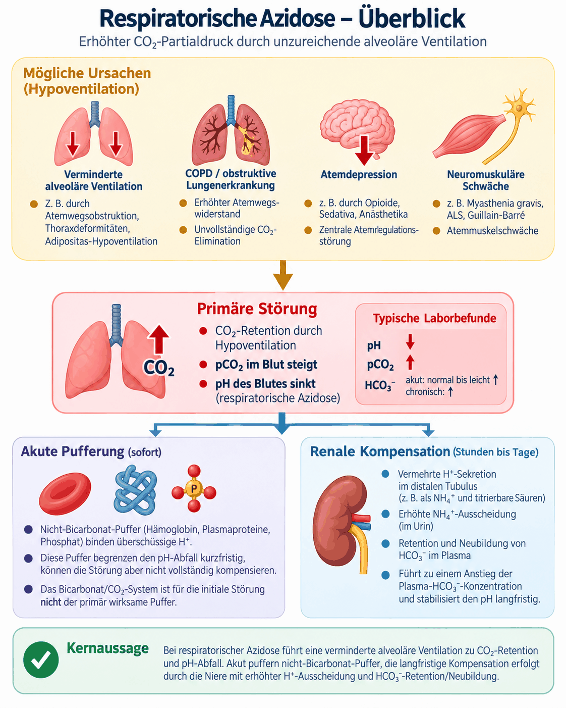Überblick zur respiratorischen Azidose mit Ursachen der verminderten alveolären Ventilation, der primären Erhöhung des pCO2, der Pufferung durch Hämoglobin und Proteine, der renalen Kompensation über Bikarbonatneubildung und den typischen Laborbefunden im akuten und im chronischen Verlauf