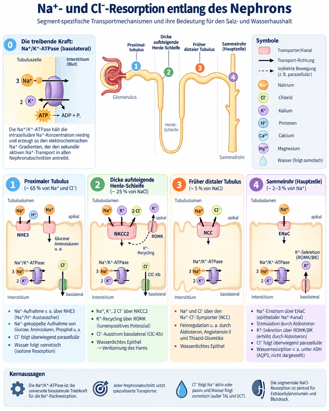 Segmentspezifische Transportmechanismen für Natrium und Chlorid entlang des Nephrons: die basolaterale Natrium-Kalium-ATPase als treibende Kraft sowie der proximale Tubulus mit dem Natrium-Protonen-Austauscher, die dicke aufsteigende Henle-Schleife mit dem Natrium-Kalium-Chlorid-Cotransporter und dem Kaliumkanal, der frühdistale Tubulus mit dem Natrium-Chlorid-Symporter und die Hauptzelle des Sammelrohrs mit dem epithelialen Natriumkanal