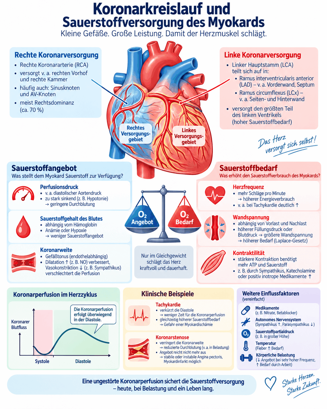 Schaubild zum Koronarkreislauf mit rechter und linker Koronarversorgung, der Waage aus Sauerstoffangebot und Sauerstoffbedarf des Myokards und der überwiegend diastolischen Koronarperfusion im Herzzyklus
