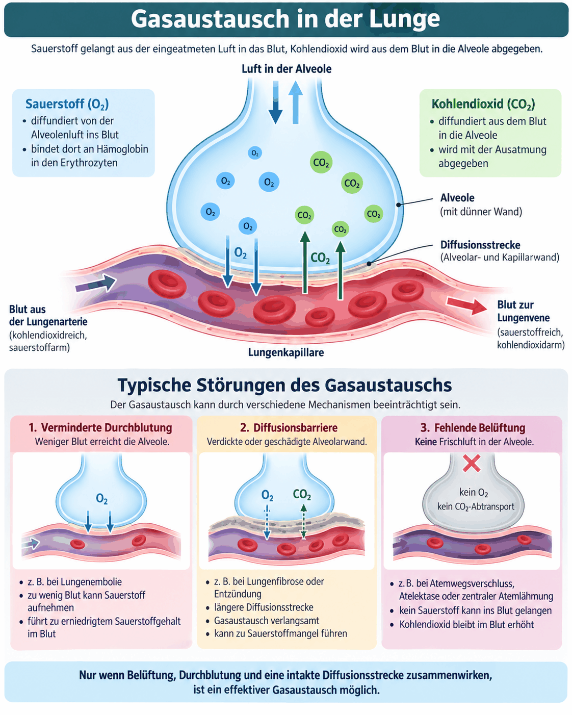 Alveole und Lungenkapillare mit Diffusion von Sauerstoff ins Blut und Kohlendioxid in die Alveole sowie drei typische Störungen: verminderte Durchblutung, verdickte Diffusionsbarriere und fehlende Belüftung