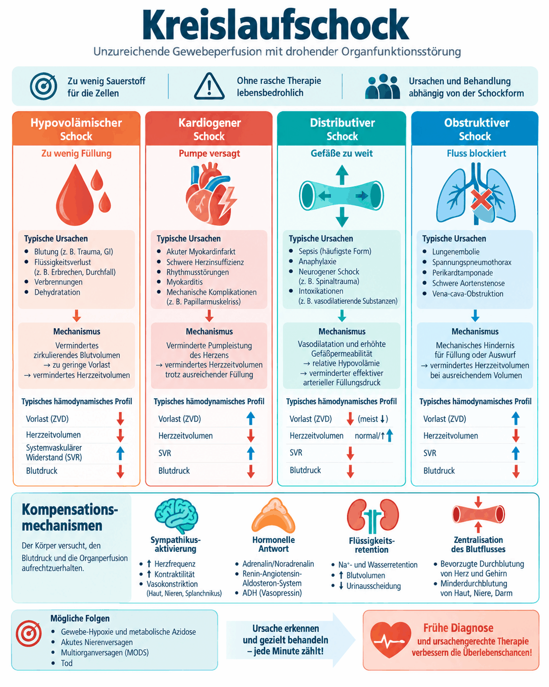 Schaubild der vier Schockformen hypovolämisch, kardiogen, distributiv und obstruktiv mit typischen Ursachen, Mechanismus und hämodynamischem Profil sowie den Kompensationsmechanismen Sympathikus, Hormone, Flüssigkeitsretention und Zentralisation