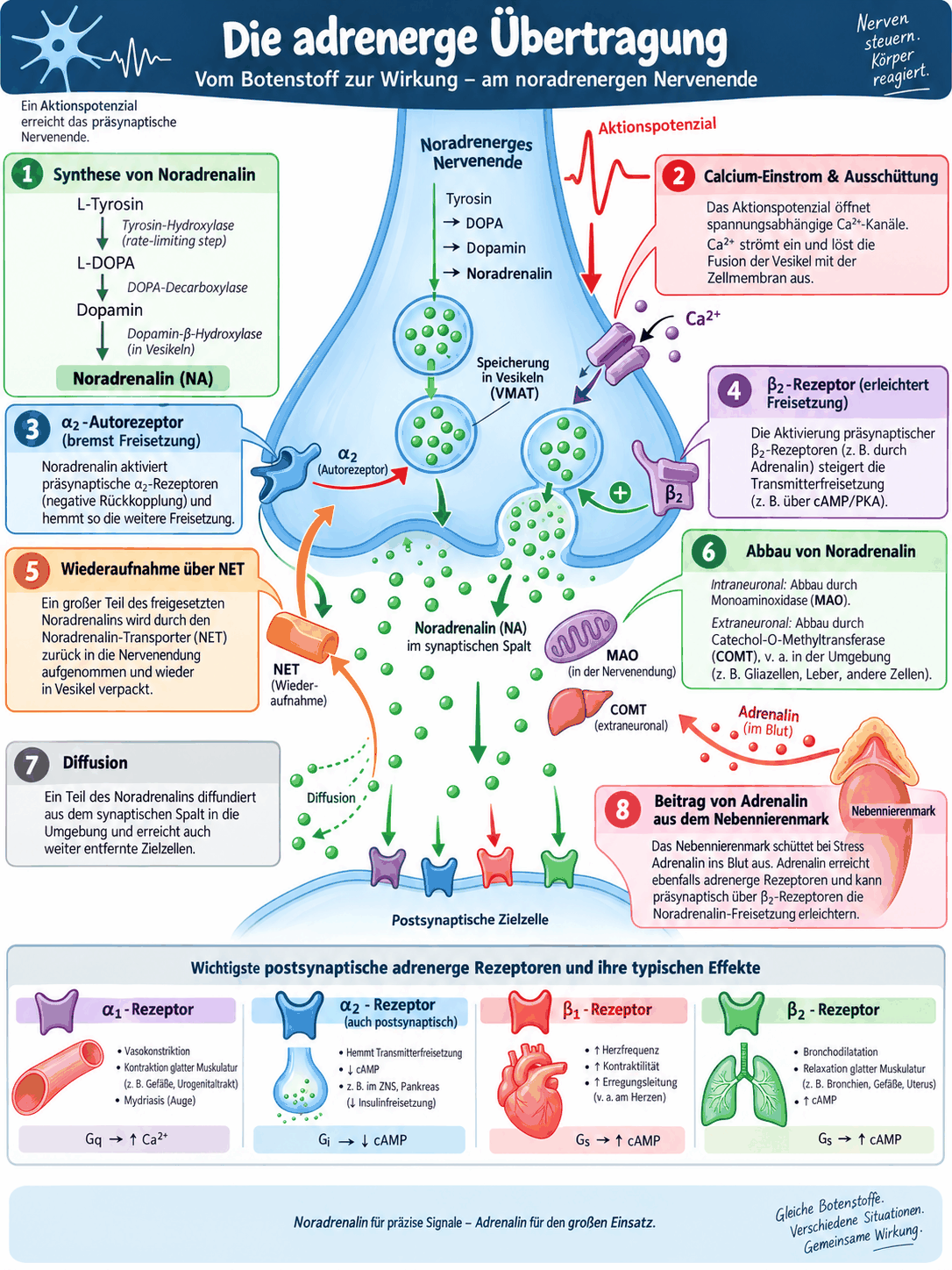 Schaubild der adrenergen Übertragung am noradrenergen Nervenende mit Synthese, Speicherung, Freisetzung, präsynaptischer Hemmung über Alpha-2, Wiederaufnahme, Abbau und dem Beitrag des Adrenalins aus dem Nebennierenmark sowie den vier postsynaptischen Rezeptortypen