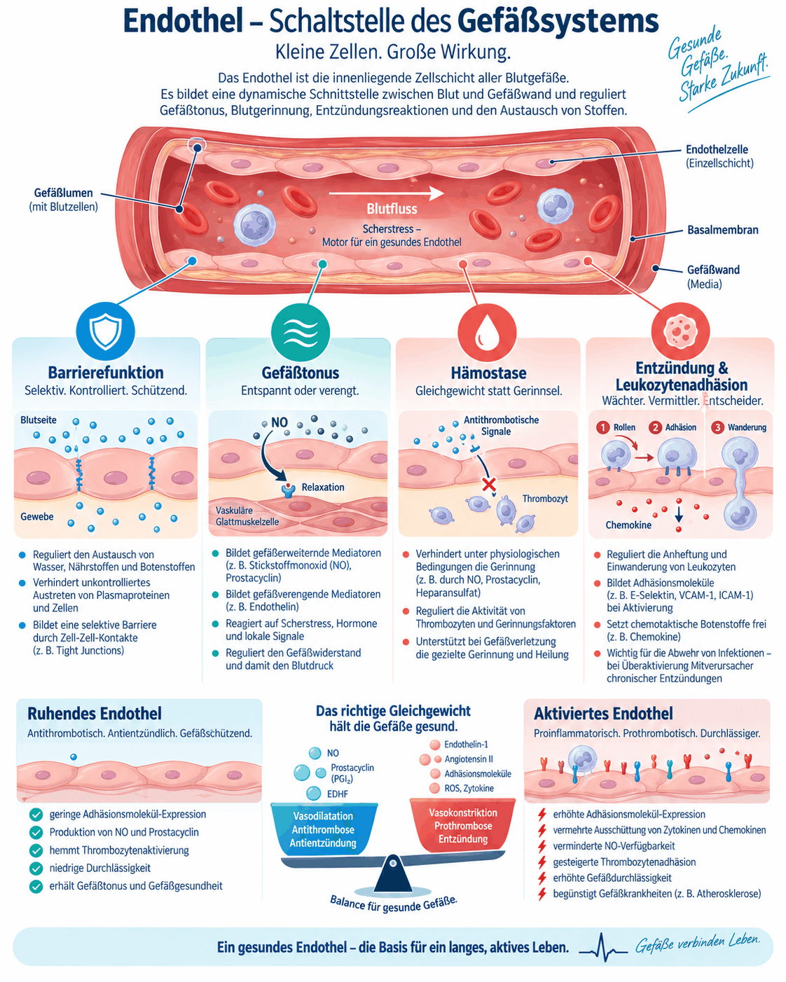 Schaubild des Endothels als Schaltstelle des Gefäßsystems mit Barrierefunktion, Regulation des Gefäßtonus über Stickstoffmonoxid und Endothelin, Hämostase und Leukozytenadhäsion sowie dem Gegensatz von ruhendem und aktiviertem Endothel