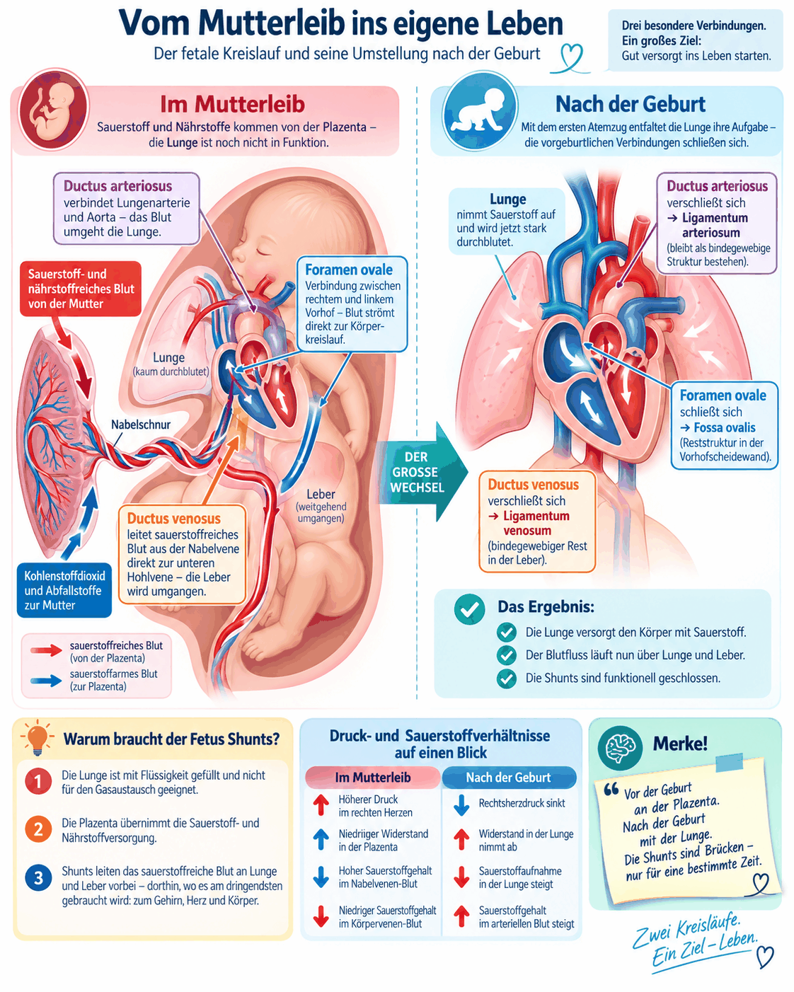 Schematische Darstellung des fetalen Kreislaufs mit Plazenta, Nabelschnur, Ductus venosus, Foramen ovale und Ductus arteriosus sowie des Kreislaufs nach der Geburt mit den verschlossenen Verbindungen und ihren bindegewebigen Resten