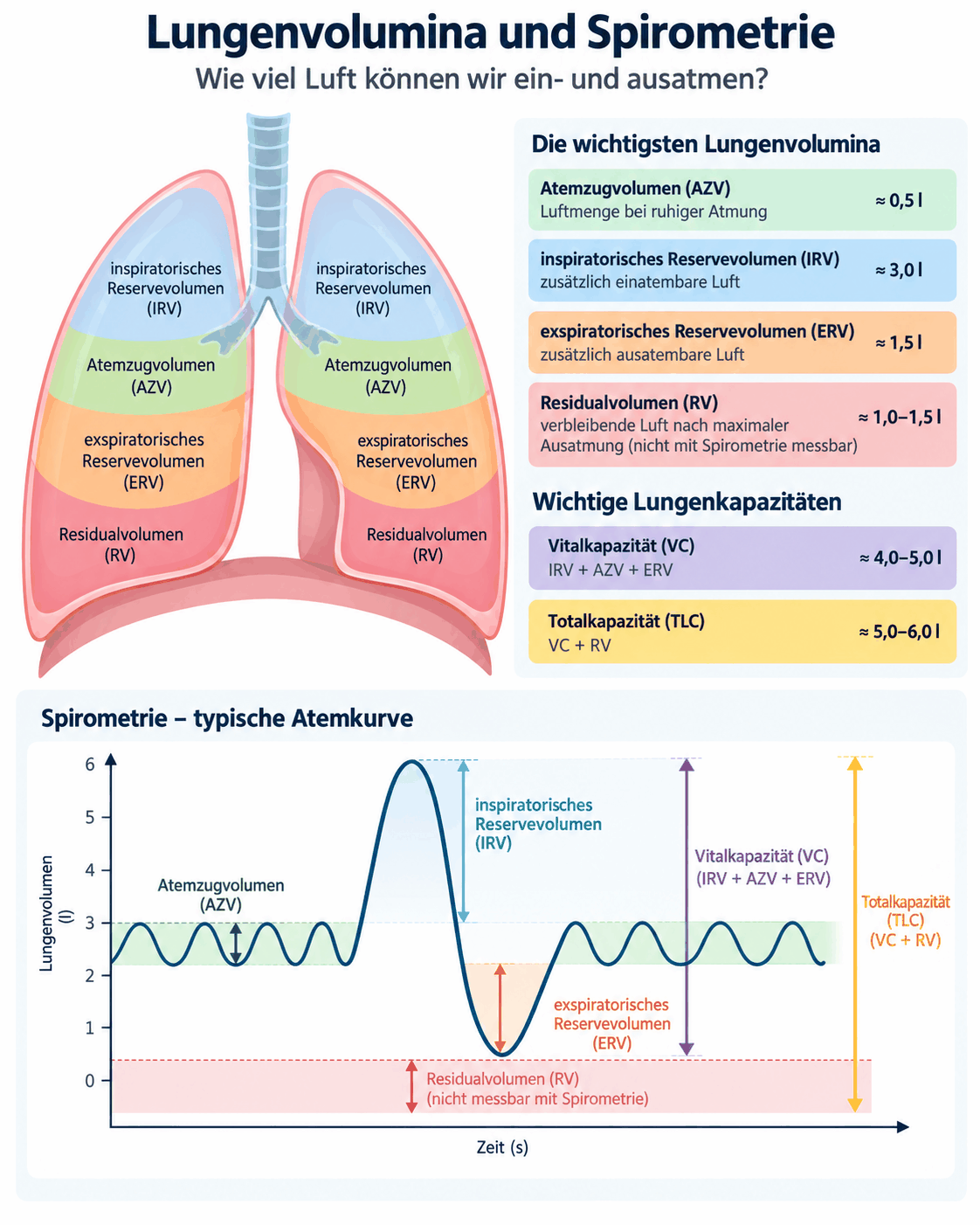 Schema der Lungenvolumina mit inspiratorischem Reservevolumen, Atemzugvolumen, exspiratorischem Reservevolumen und Residualvolumen sowie Spirometriekurve mit Vitalkapazität und Totalkapazität