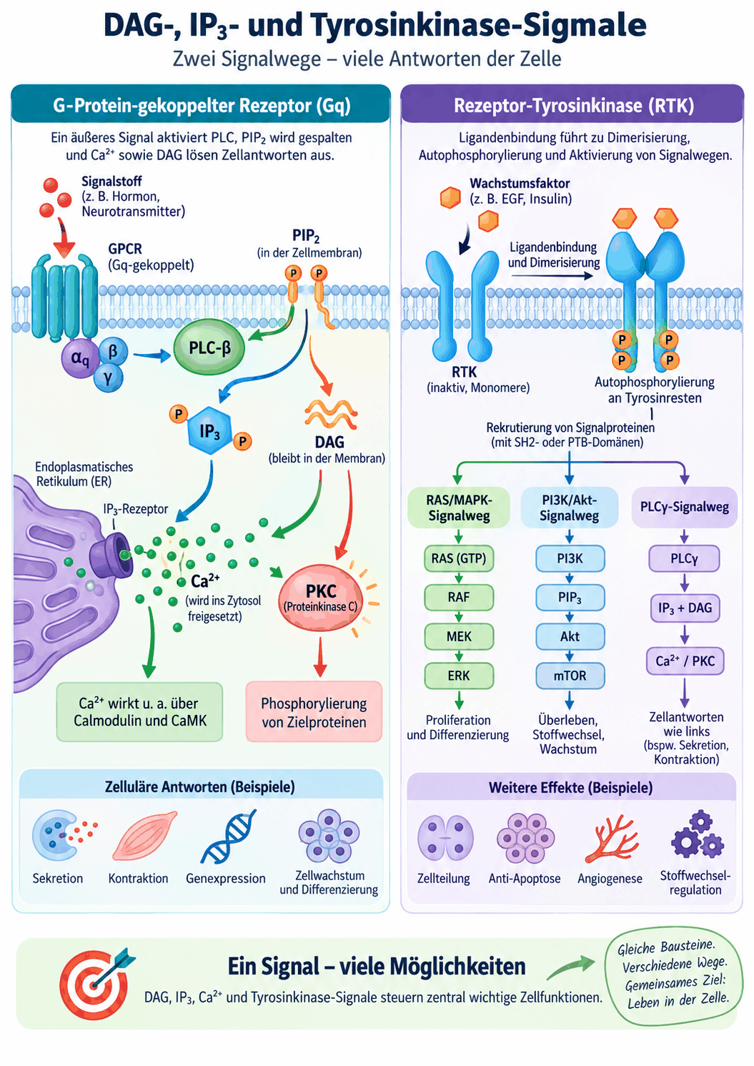 Gegenüberstellung des Gq-gekoppelten Weges über Phospholipase C, IP3, Diacylglycerin, Calciumfreisetzung und Proteinkinase C mit dem Weg der Rezeptortyrosinkinasen über Dimerisierung, Autophosphorylierung und die nachgeschalteten Kaskaden