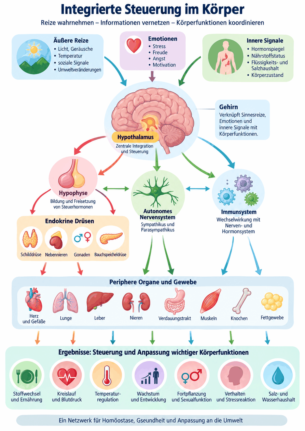 Übersicht der hormonellen Steuerung mit Hypothalamus, Hypophyse, peripheren Drüsen und den Zielgeweben sowie den Rückkopplungswegen