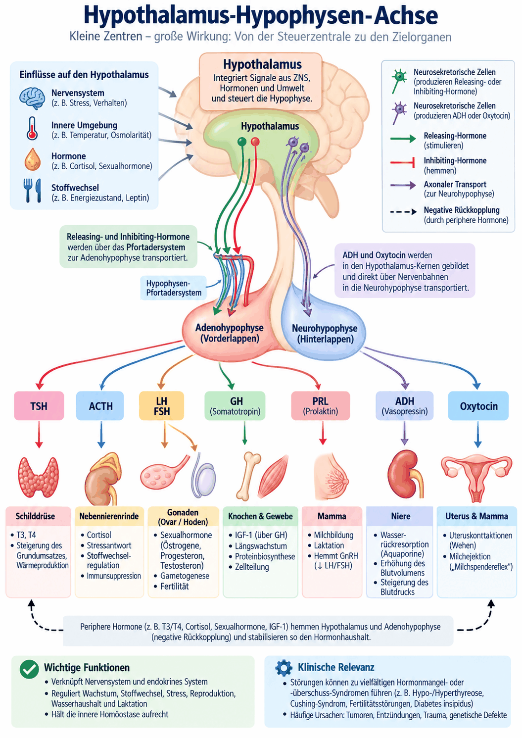 Gesamtdarstellung der Hypothalamus-Hypophysen-Achse mit den Kerngebieten des Hypothalamus, dem Pfortadersystem, den sechs Hormonen des Vorderlappens mit ihren Zieldrüsen und den beiden im Hinterlappen gespeicherten Hormonen