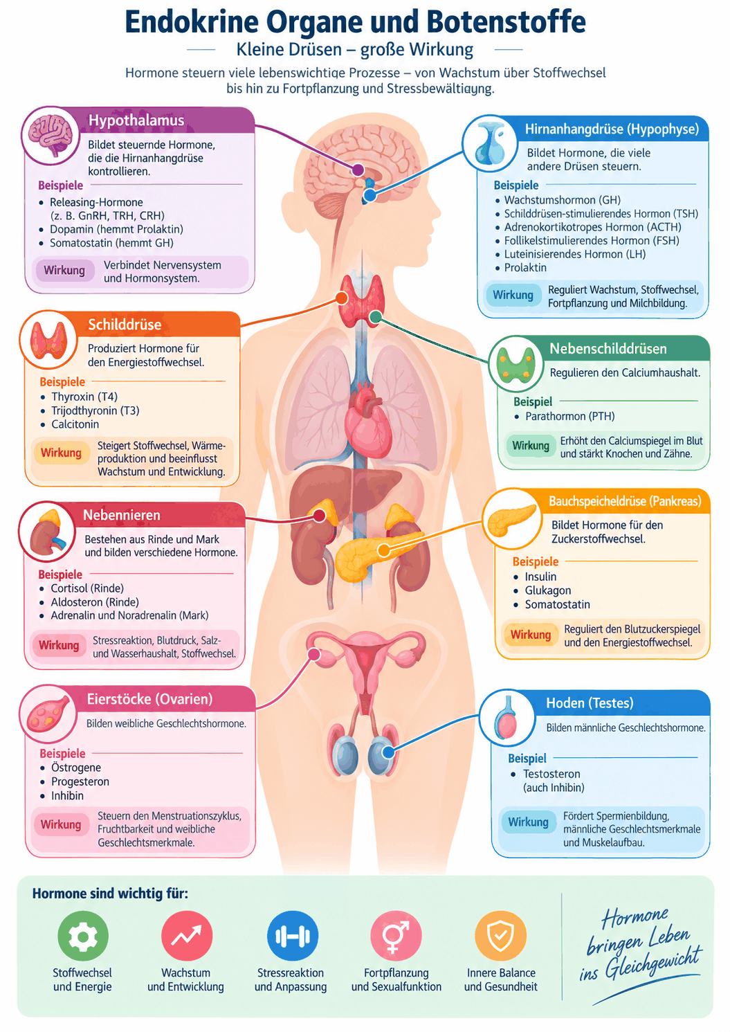 Übersicht der endokrinen Organe mit Hypothalamus und Hypophyse an der Spitze sowie Schilddrüse, Nebenschilddrüsen, Nebennieren, Pankreasinseln und Gonaden