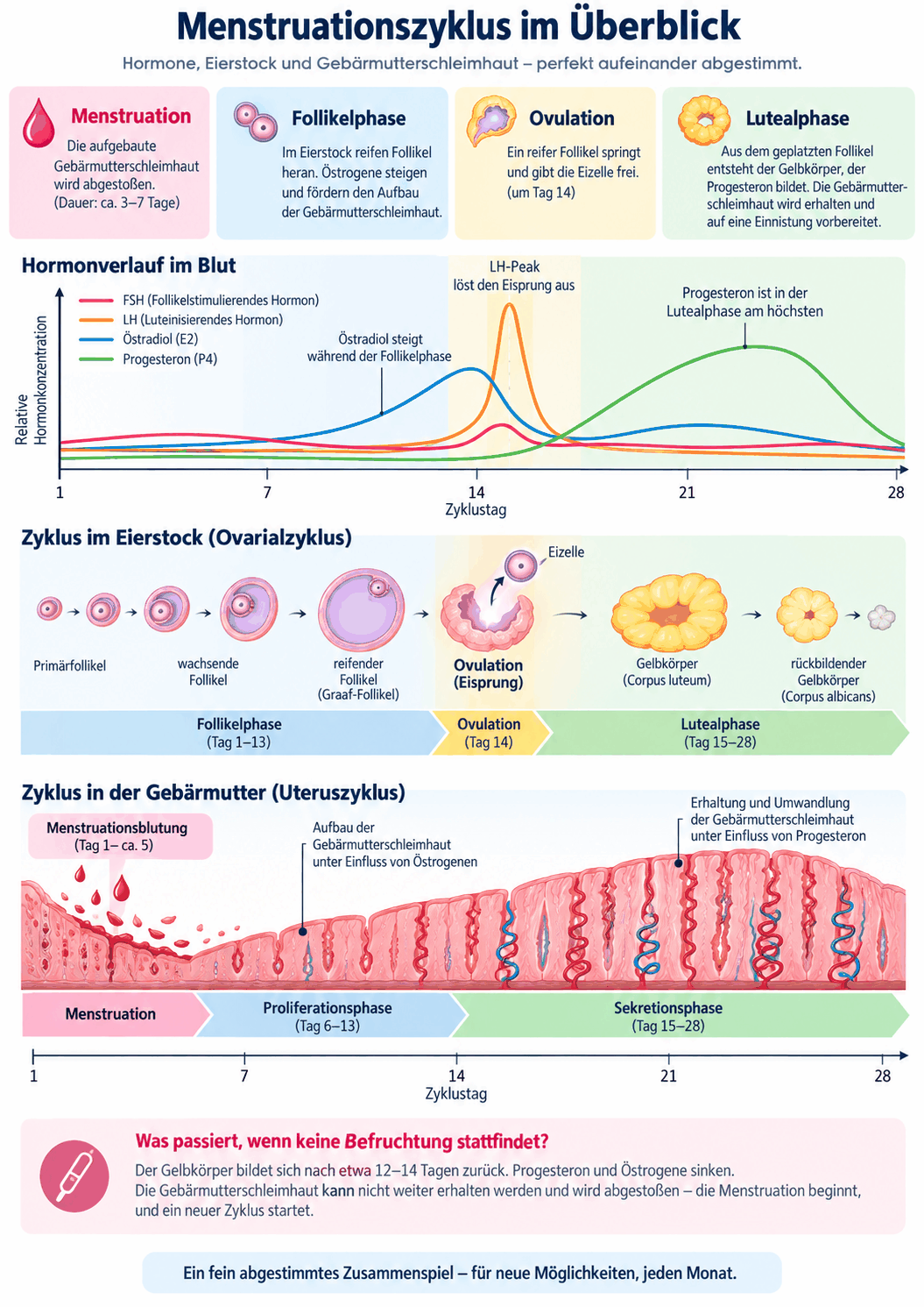 Der Menstruationszyklus im Überblick mit den Phasen, dem Verlauf von Gonadotropinen, Östradiol und Progesteron im Blut sowie den parallelen Vorgängen im Eierstock und in der Gebärmutterschleimhaut