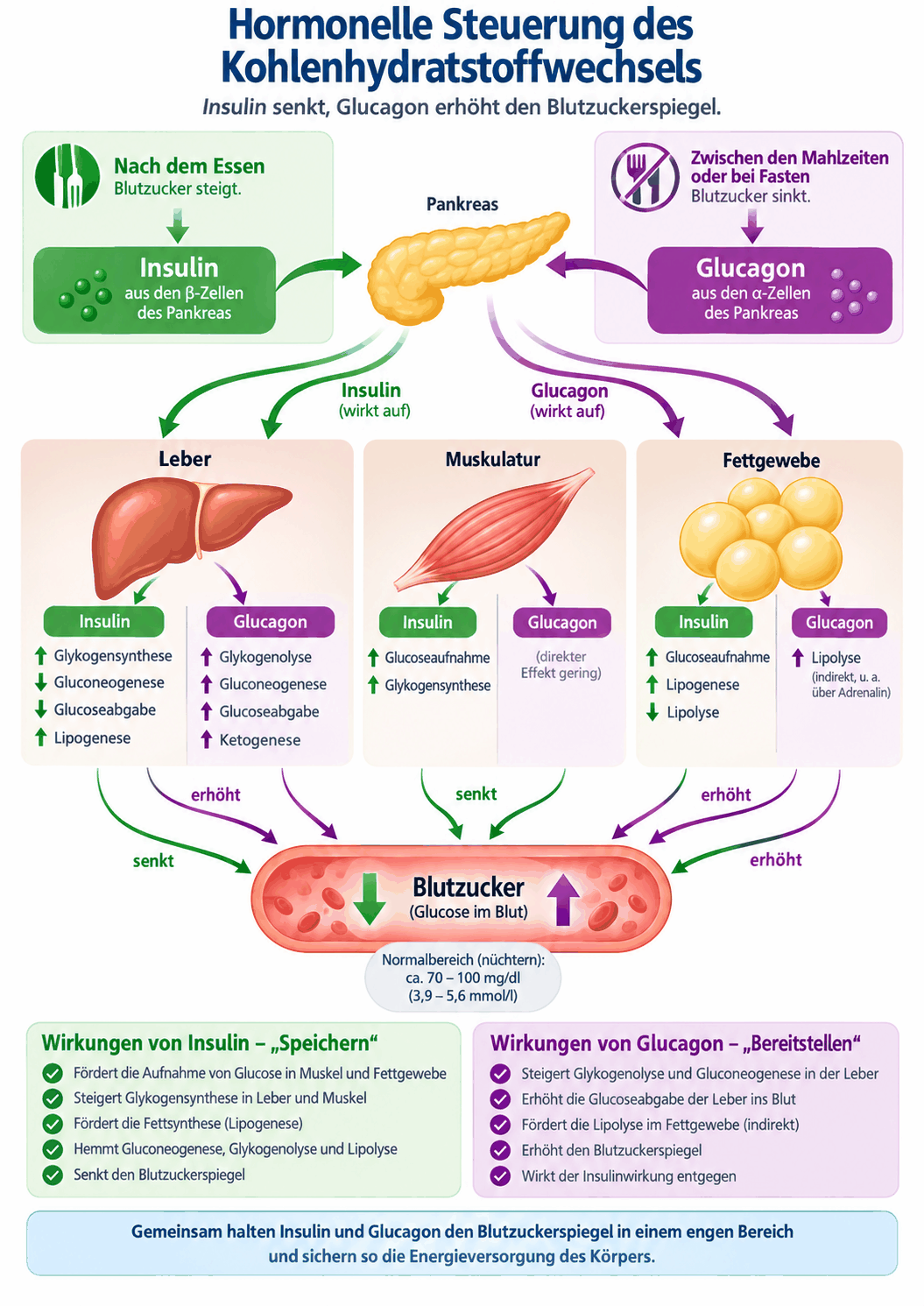 Gegenüberstellung der Wirkungen von Insulin und Glucagon an Leber, Muskulatur und Fettgewebe mit den jeweils geförderten und gehemmten Stoffwechselwegen und der gemeinsamen Wirkung auf den Blutzucker