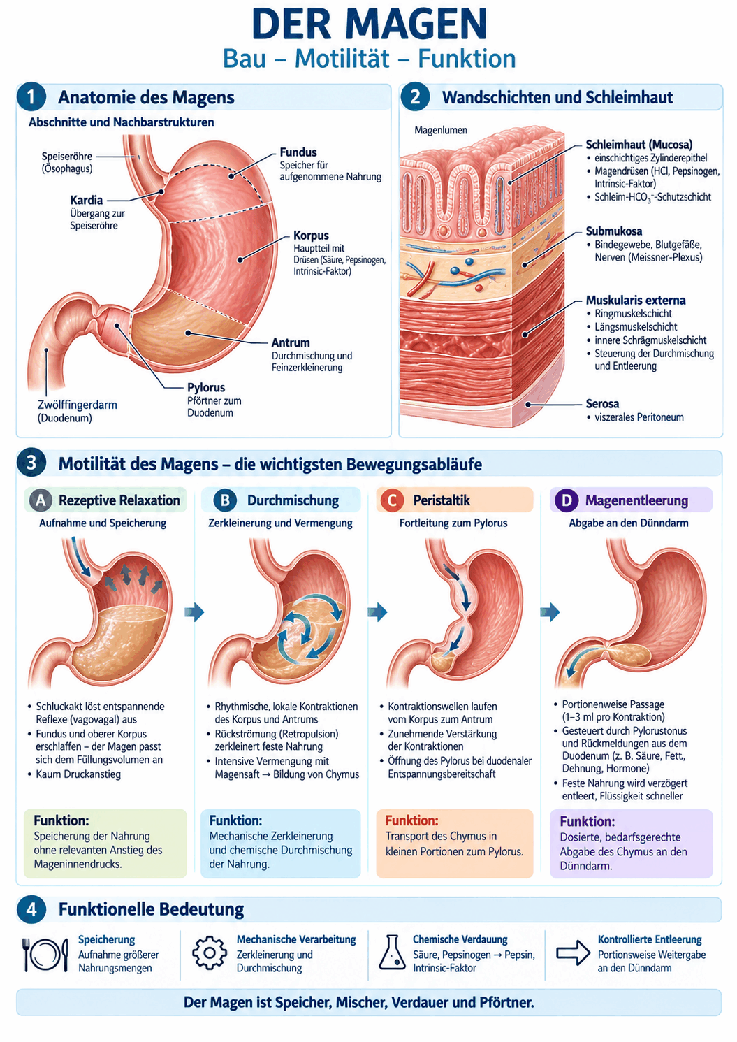 Anatomie des Magens mit Fundus, Korpus, Antrum und Pylorus, Wandschichten und vier Bewegungsabläufen von der rezeptiven Relaxation bis zur Entleerung