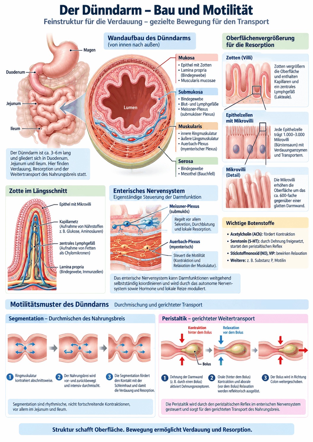 Dünndarm mit Wandaufbau, Zotte im Längsschnitt, Epithelzellen mit Mikrovilli, enterischem Nervensystem und den Motilitätsmustern Segmentation und Peristaltik