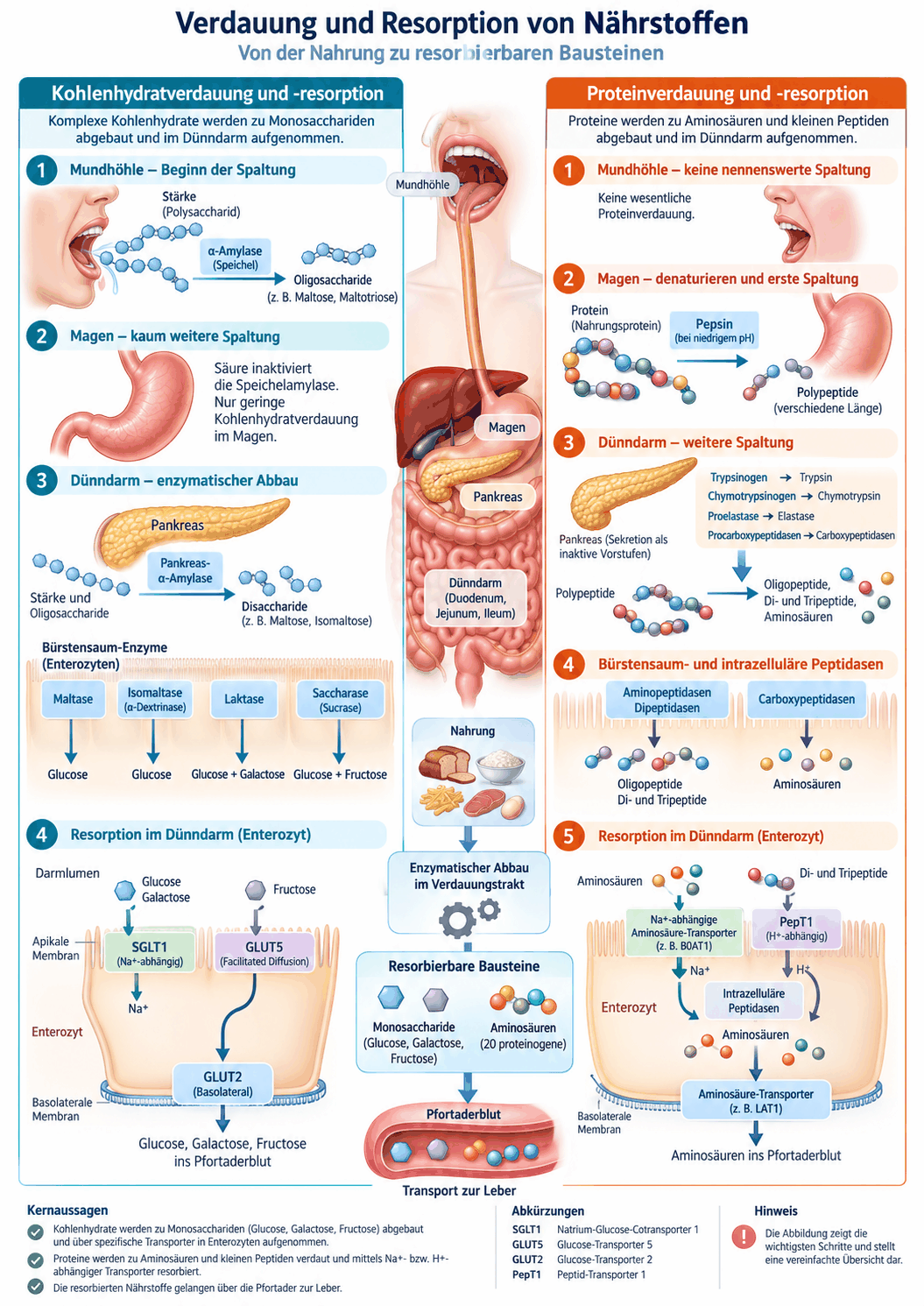 Verdauung und Resorption von Kohlenhydraten und Eiweiß von der Mundhöhle bis zum Enterozyten mit den Transportern SGLT1, GLUT5, GLUT2 und PepT1