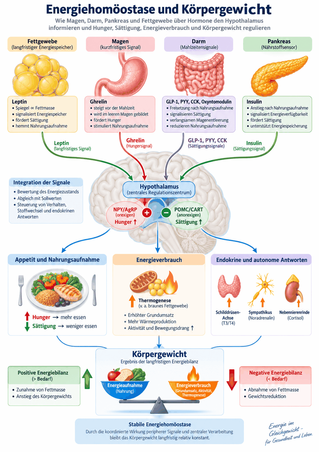 Schema der Energiehomöostase: Leptin aus dem Fettgewebe, Ghrelin aus dem Magen, GLP-1, PYY und CCK aus dem Darm sowie Insulin aus dem Pankreas melden an den Hypothalamus, der über orexigene und anorexigene Neurone Appetit, Energieverbrauch und endokrine Antworten steuert; das Körpergewicht als Ergebnis der Energiebilanz