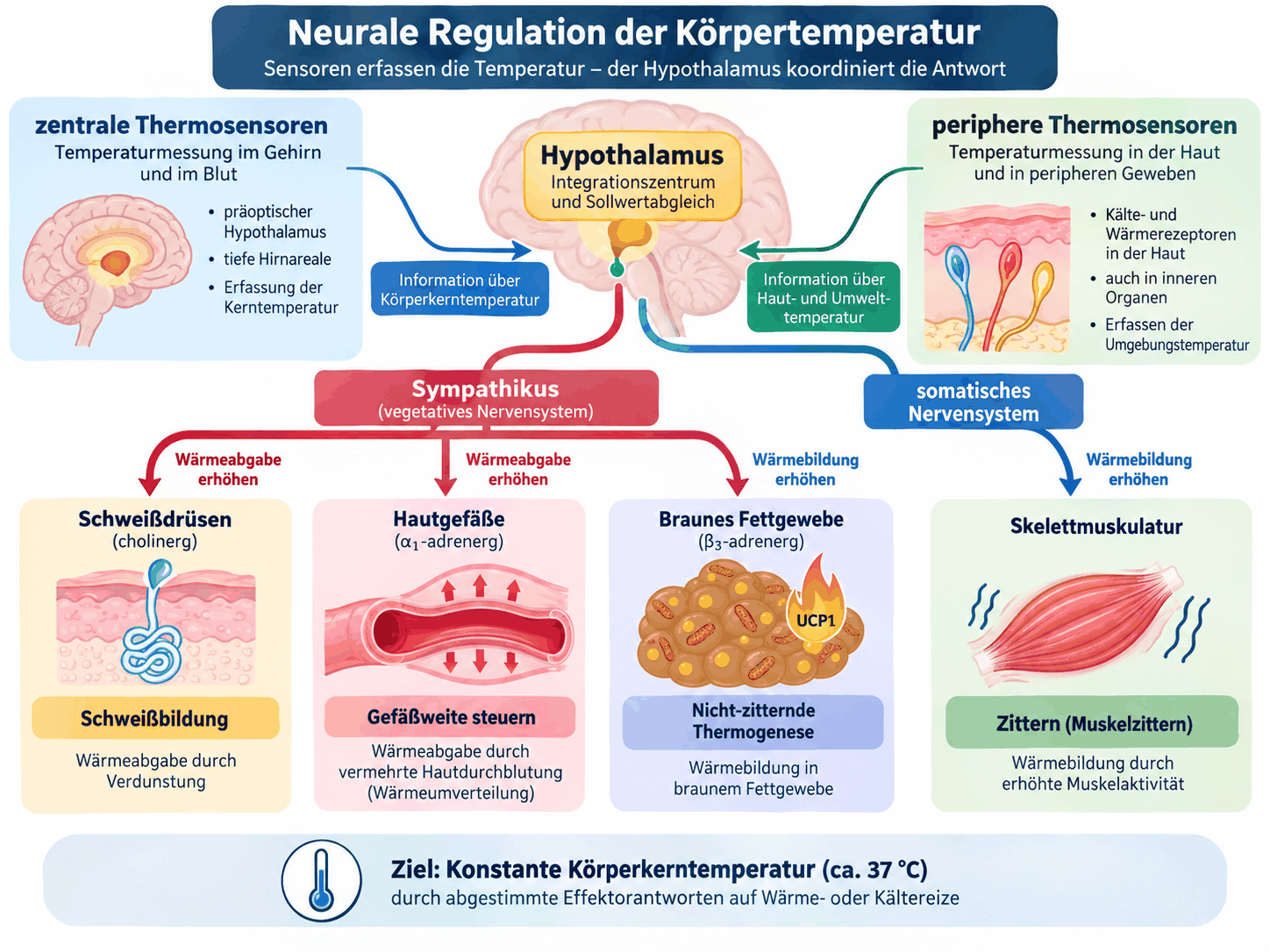 Schema der neuralen Temperaturregulation: zentrale Thermosensoren im präoptischen Hypothalamus und periphere Thermosensoren der Haut melden an den Hypothalamus, der über den Sympathikus Schweißdrüsen, Hautgefäße und braunes Fettgewebe sowie über das somatische Nervensystem die Skelettmuskulatur ansteuert