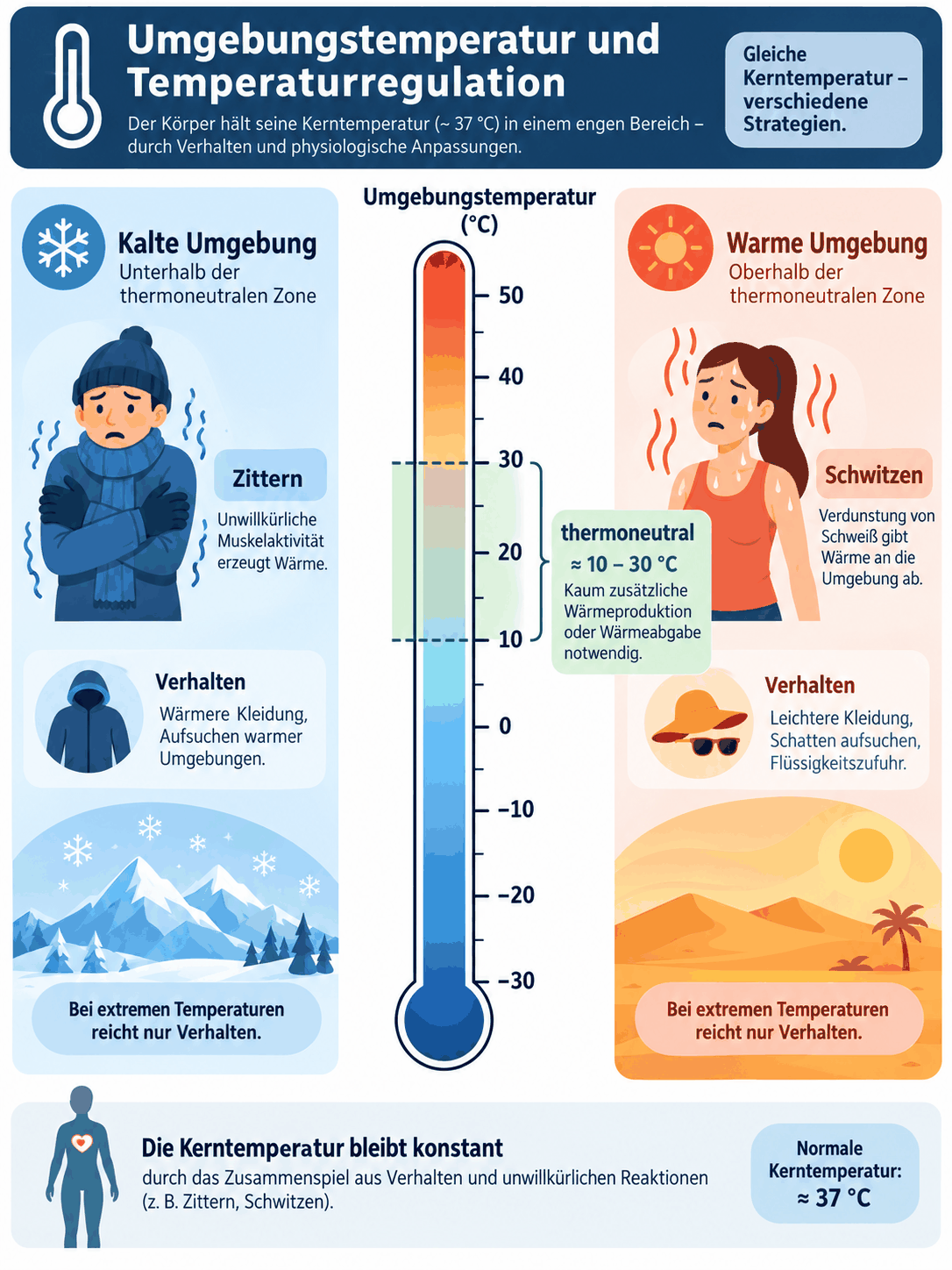 Infografik zu Umgebungstemperatur und Temperaturregulation: in kalter Umgebung Zittern und wärmere Kleidung, in warmer Umgebung Schwitzen und Schatten, dazwischen ein als thermoneutral markierter Bereich auf einem Thermometer, bei extremen Temperaturen reicht nur Verhalten