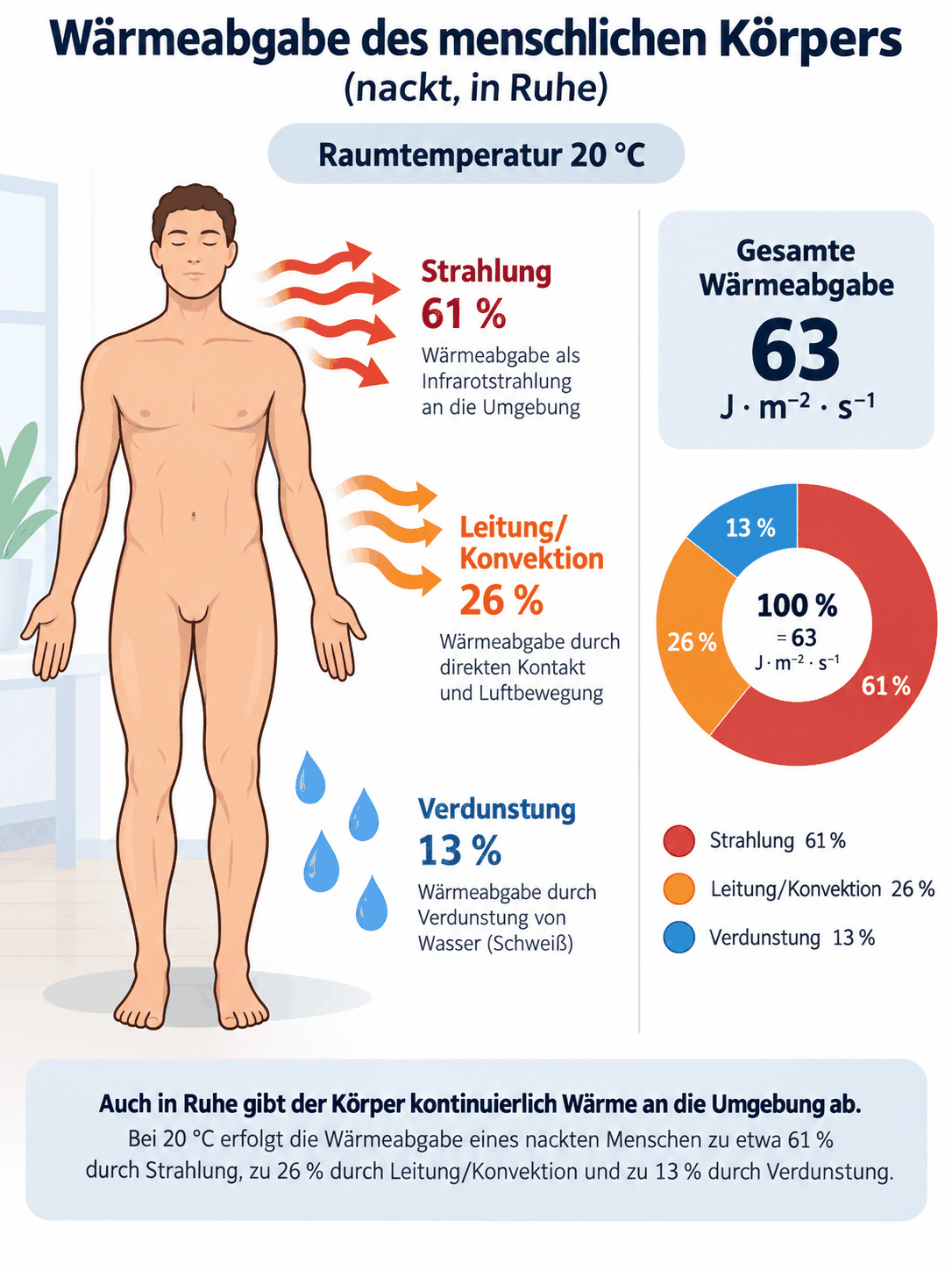 Unbekleideter Mensch in Ruhe bei 20 Grad Raumtemperatur mit den Anteilen von Strahlung, Leitung und Konvektion sowie Verdunstung an der gesamten Wärmeabgabe als Kreisdiagramm
