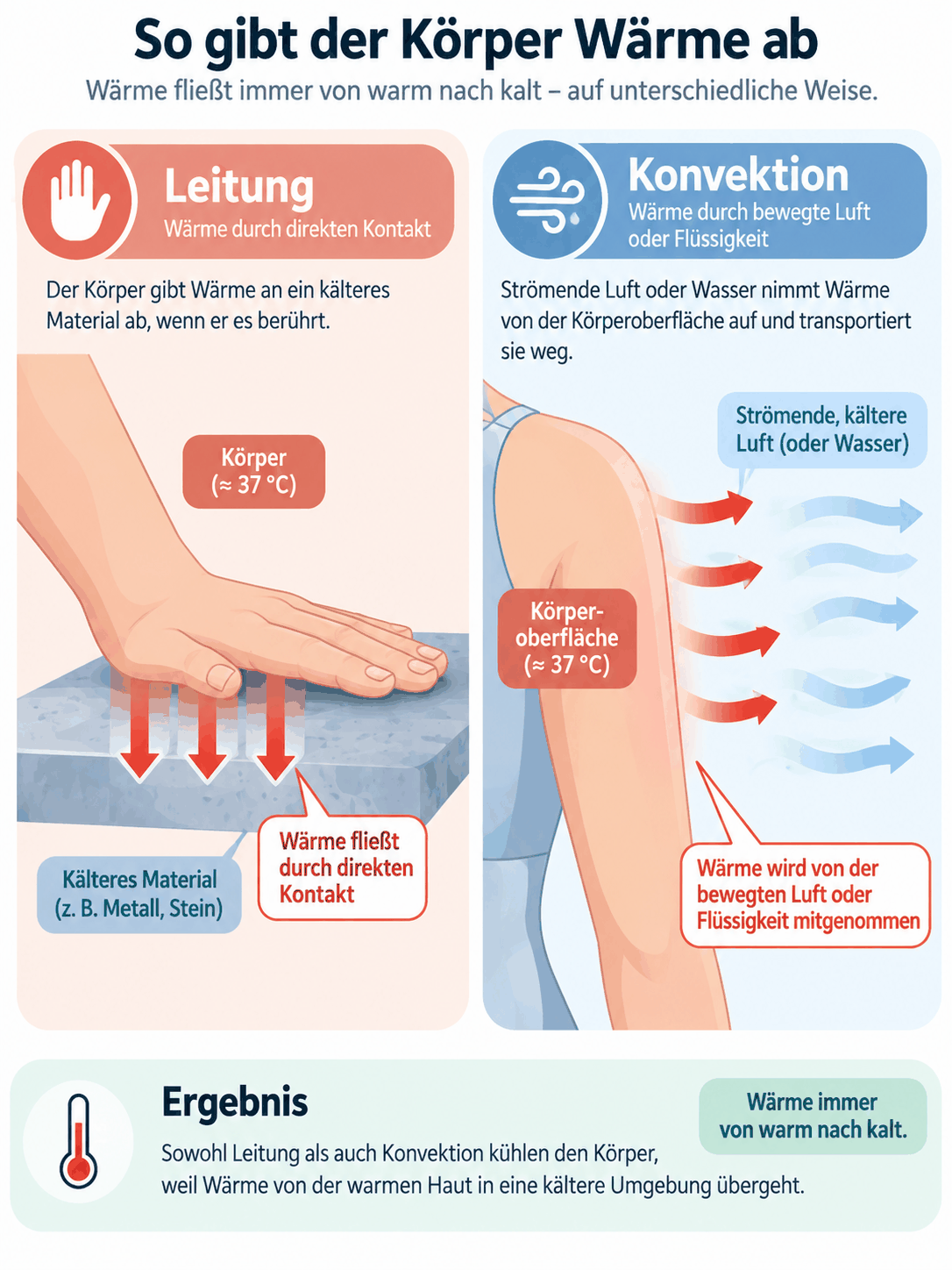 Links eine Hand auf einer kalten Steinfläche mit Pfeilen der Wärmeleitung in das Material, rechts ein Arm, an dem strömende kühlere Luft Wärme von der Haut aufnimmt und fortträgt