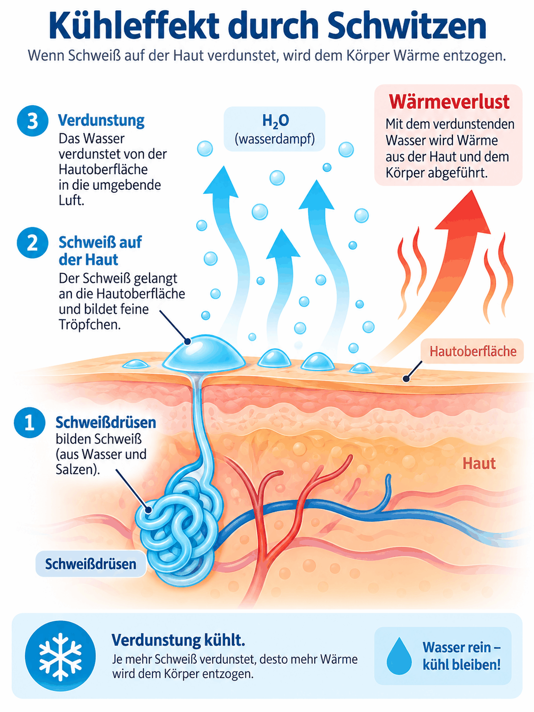 Schnitt durch die Haut mit einer aufgeknäuelten Schweißdrüse, Schweißtropfen auf der Hautoberfläche und aufsteigendem Wasserdampf, daneben ein Pfeil für den Wärmeverlust