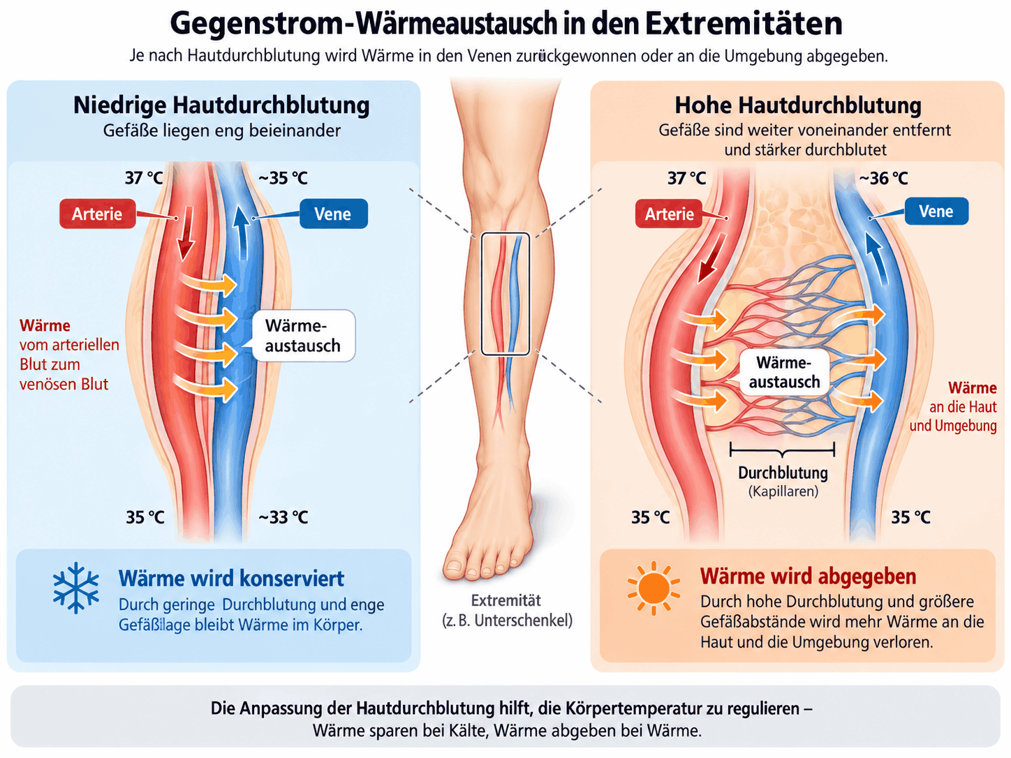 Unterschenkel mit Arterie und Begleitvene bei niedriger und hoher Hautdurchblutung; bei niedriger Durchblutung geht Wärme vom arteriellen zum venösen Blut über, bei hoher Durchblutung erreicht mehr Wärme Haut und Umgebung