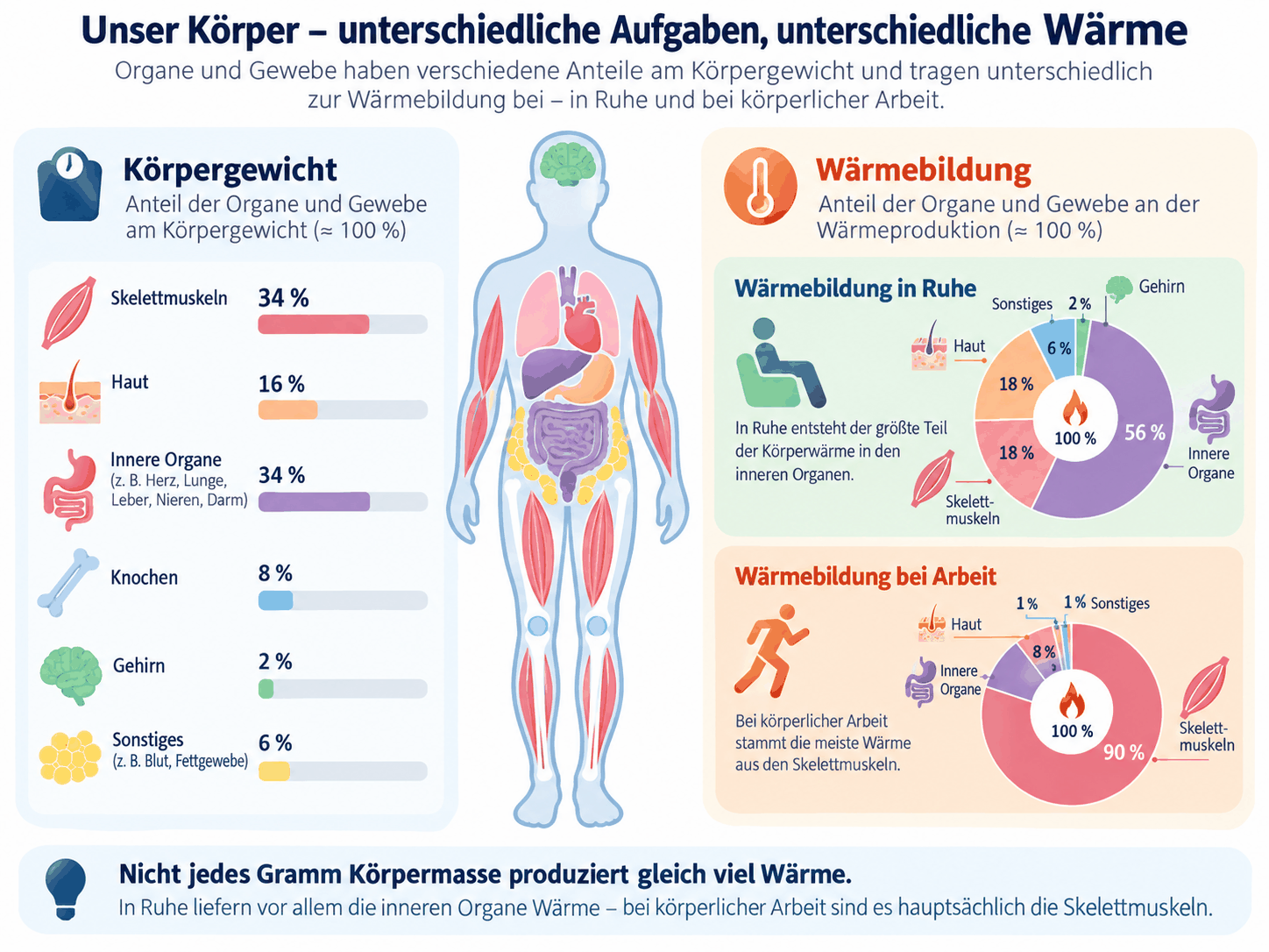 Anteile von Skelettmuskeln, Haut, inneren Organen, Knochen, Gehirn und übrigen Geweben am Körpergewicht sowie Kreisdiagramme der Wärmebildung in Ruhe und bei körperlicher Arbeit