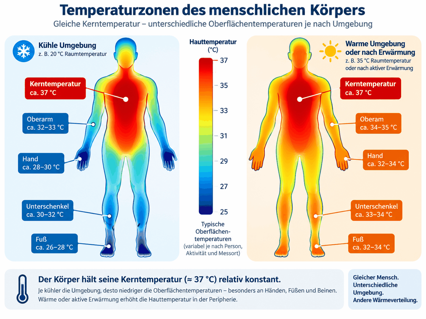 Zwei Körperumrisse mit farbkodierter Hauttemperatur bei kühler und bei warmer Umgebung, der Kern in beiden Fällen bei etwa 37 Grad, Hände, Füße und Unterschenkel bei kühler Umgebung deutlich kälter