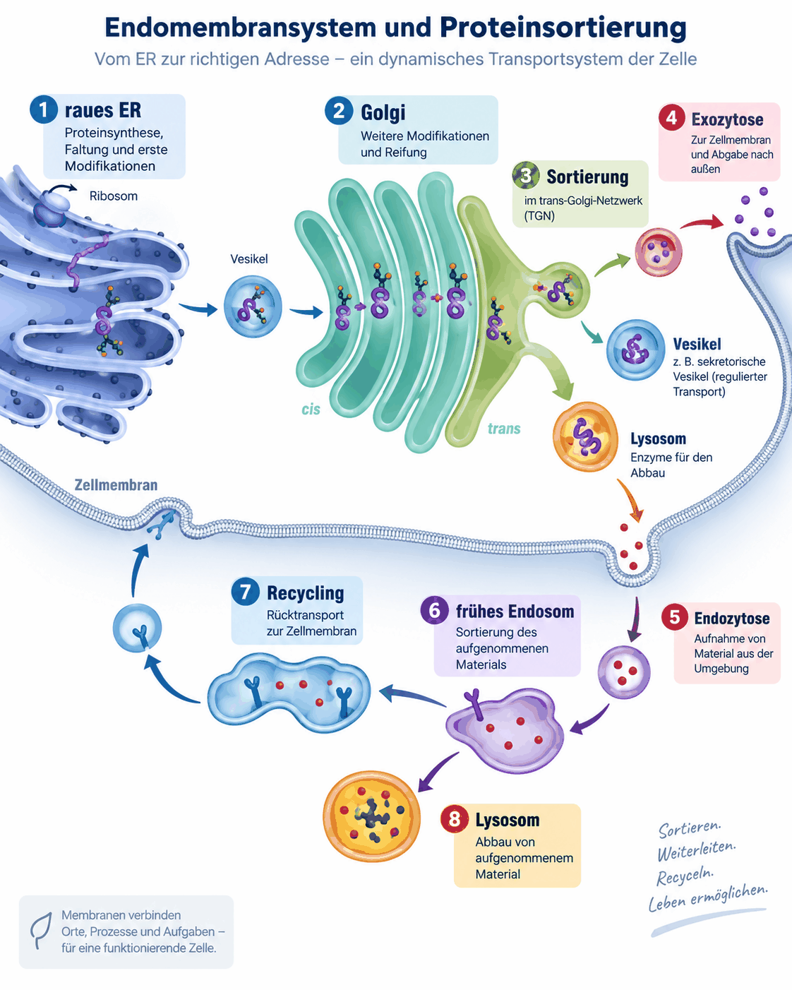 Endomembransystem: raues endoplasmatisches Retikulum, Golgi-Apparat mit cis- und trans-Seite, Sortierung im trans-Golgi-Netzwerk, Exozytose, sekretorische Vesikel, Lysosom, Endozytose, frühes Endosom und Recycling zur Zellmembran.
