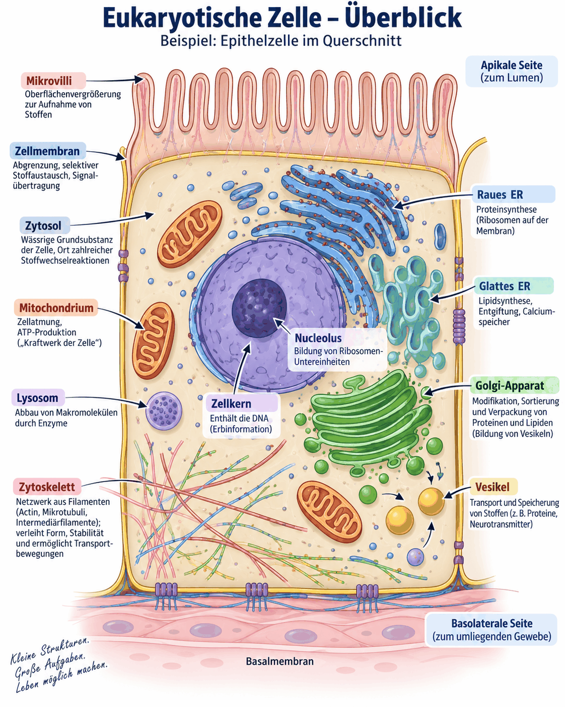 Querschnitt einer Epithelzelle mit Mikrovilli, Zellmembran, Zytosol, Zellkern mit Nucleolus, rauem und glattem endoplasmatischem Retikulum, Golgi-Apparat, Mitochondrien, Lysosom, Vesikeln, Zytoskelett und Basalmembran.