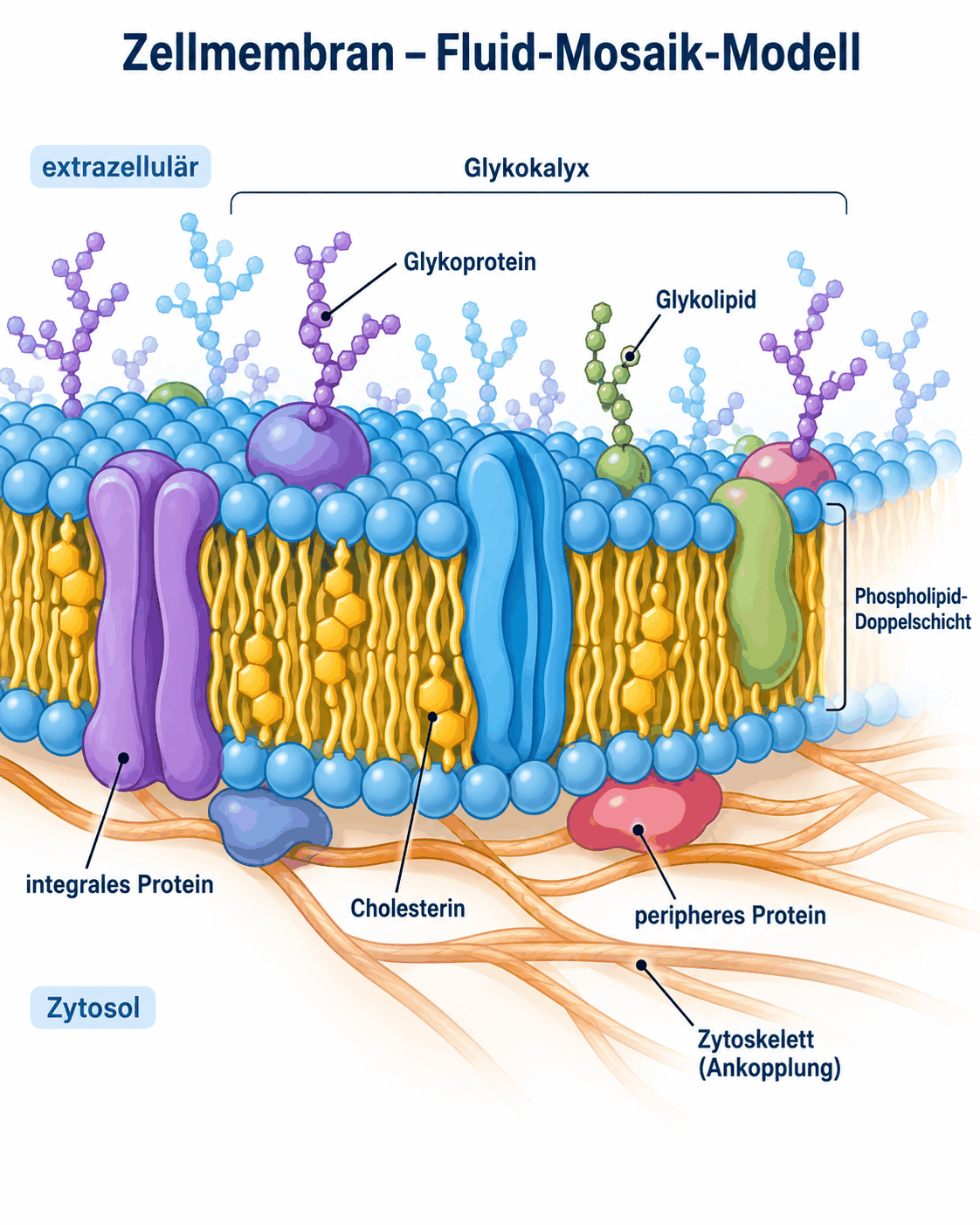Zellmembran als Phospholipid-Doppelschicht mit integralen und peripheren Proteinen, Cholesterin, Glykoproteinen und Glykolipiden der Glykokalix sowie Ankopplung an das Zytoskelett.